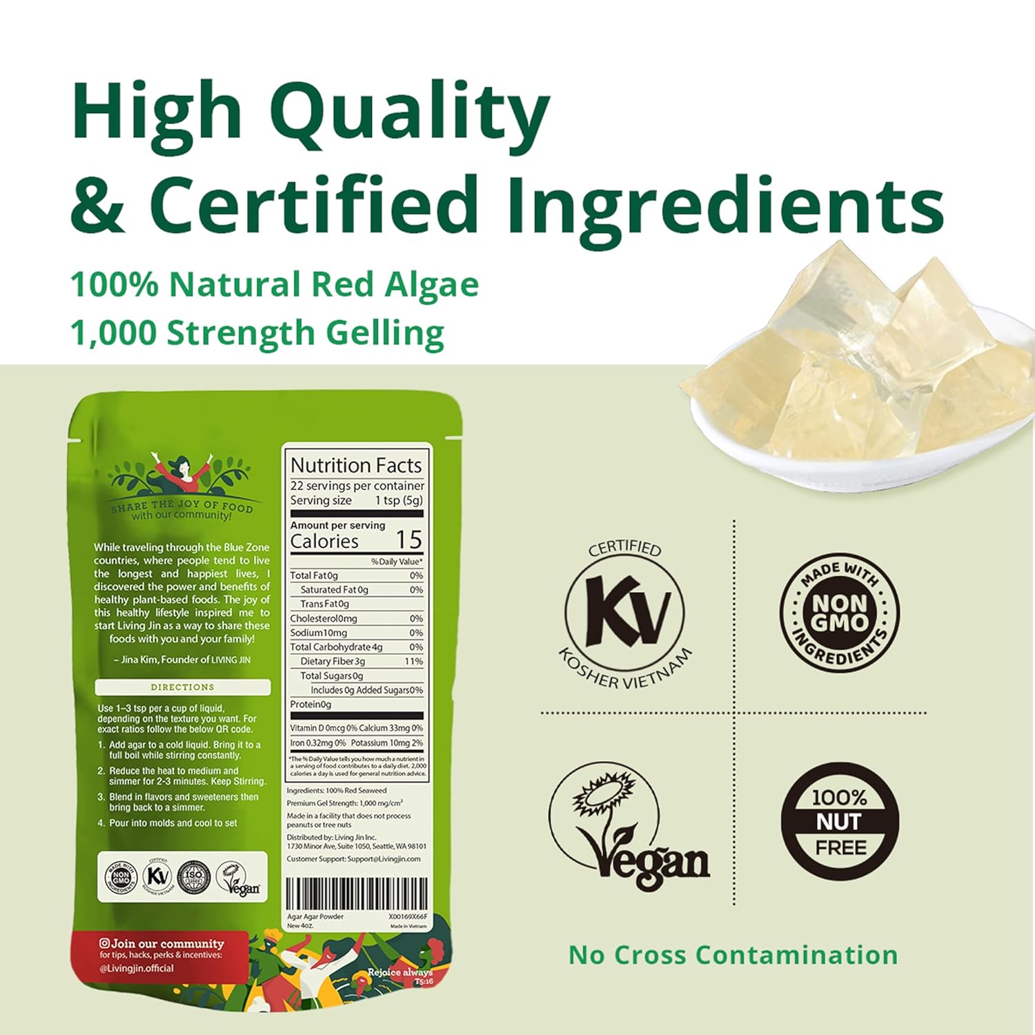 LIVING JIN Agar Agar Powder, 4 oz. Kosher, Plant-Based Gelatin Powder, Vegan Agar Agar, Vegan Jello, Sugar-Free, 100% Natural Red Algae - Image 2