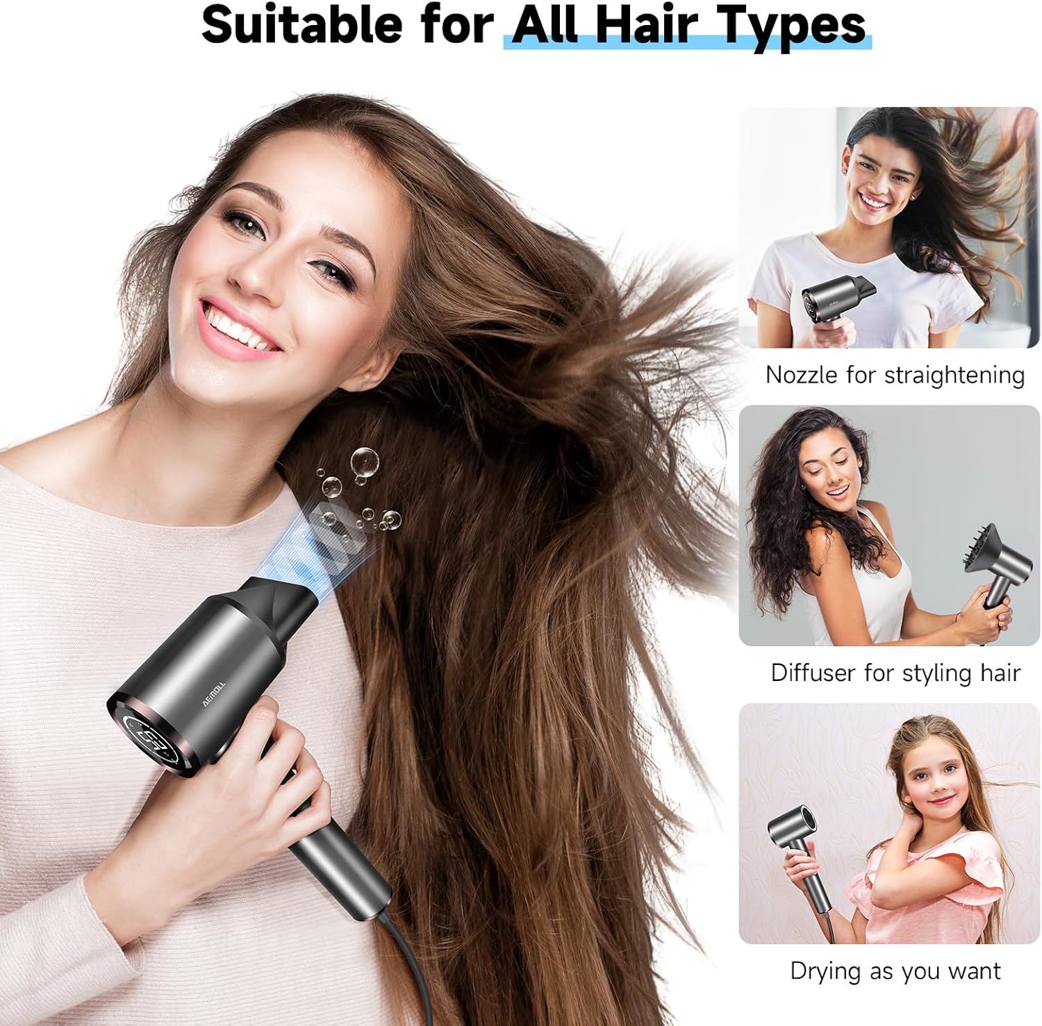 Hair Dryer with Diffuser, 150000RPM Professional High-Speed Negative Ionic Care Blow Dryer, Heat-Control, Fast Drying, Low Noise with Magnetic Diffuser and Nozzle for Women & Men, HD Display (Gray) - Image 6