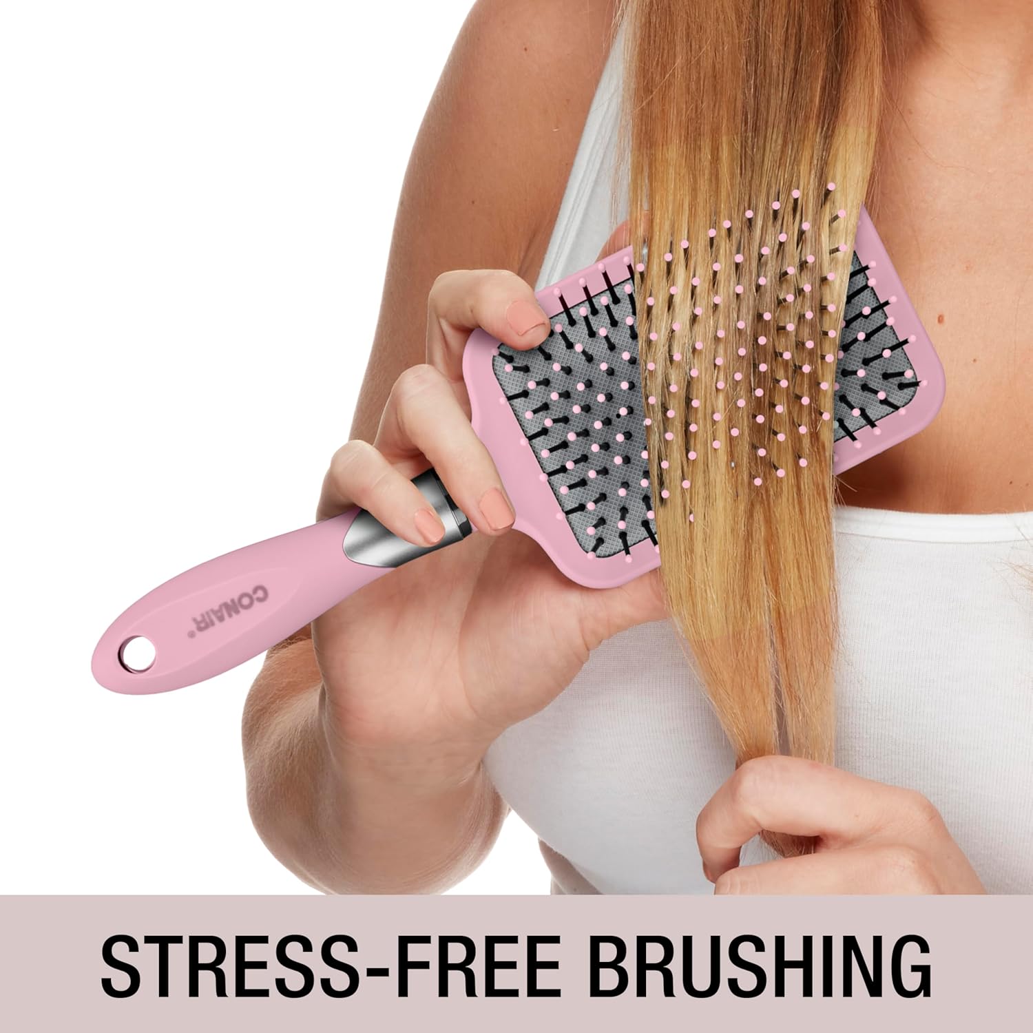 Conair Velvet Touch Paddle Cushion hair brush - Detangling hairbrush - curly or straight styles - men or women - detangler - features soft touch handle - Blush Pink - Image 5