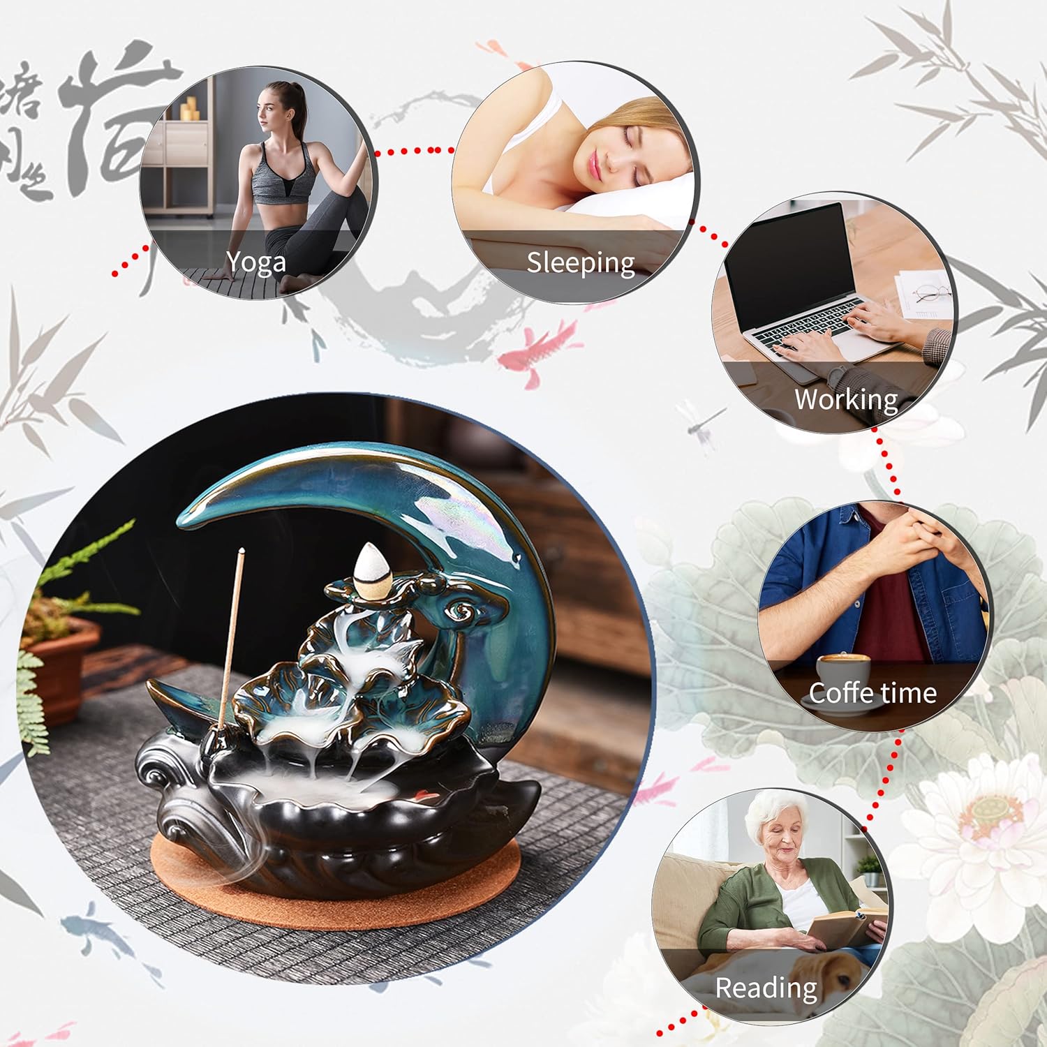 Handmade Ceramic New Moon Backflow Incense Burner Fountain with 100 Cones and Mat - Image 4