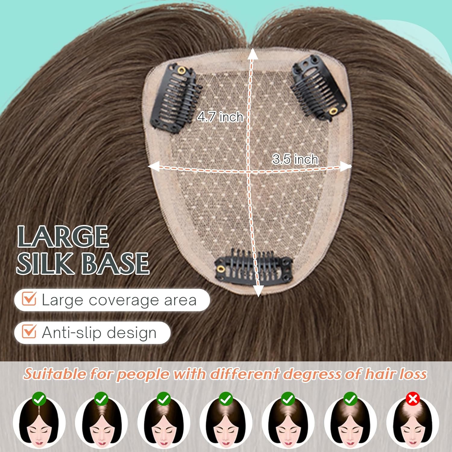 Benehair Human Hair Topper for Women - 9 * 12CM Silk Base, No Bangs, 150% Density, 100% Remy Hair Piece for Thinning Hair - Dark Brown, 12 Inch - Image 5