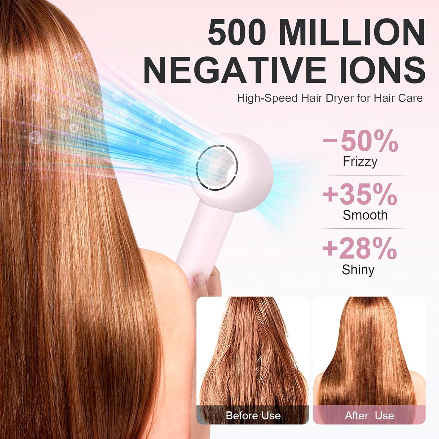 High Speed Hair Dryer, 160000 RPM Brushless Motor 500 Million Negative Ionic Blow Dryer, Travel Fast Drying Hairdryer, Low Noise, Lightweight, Blowdryer with Nozzle, Home Use,Pink - Image 4