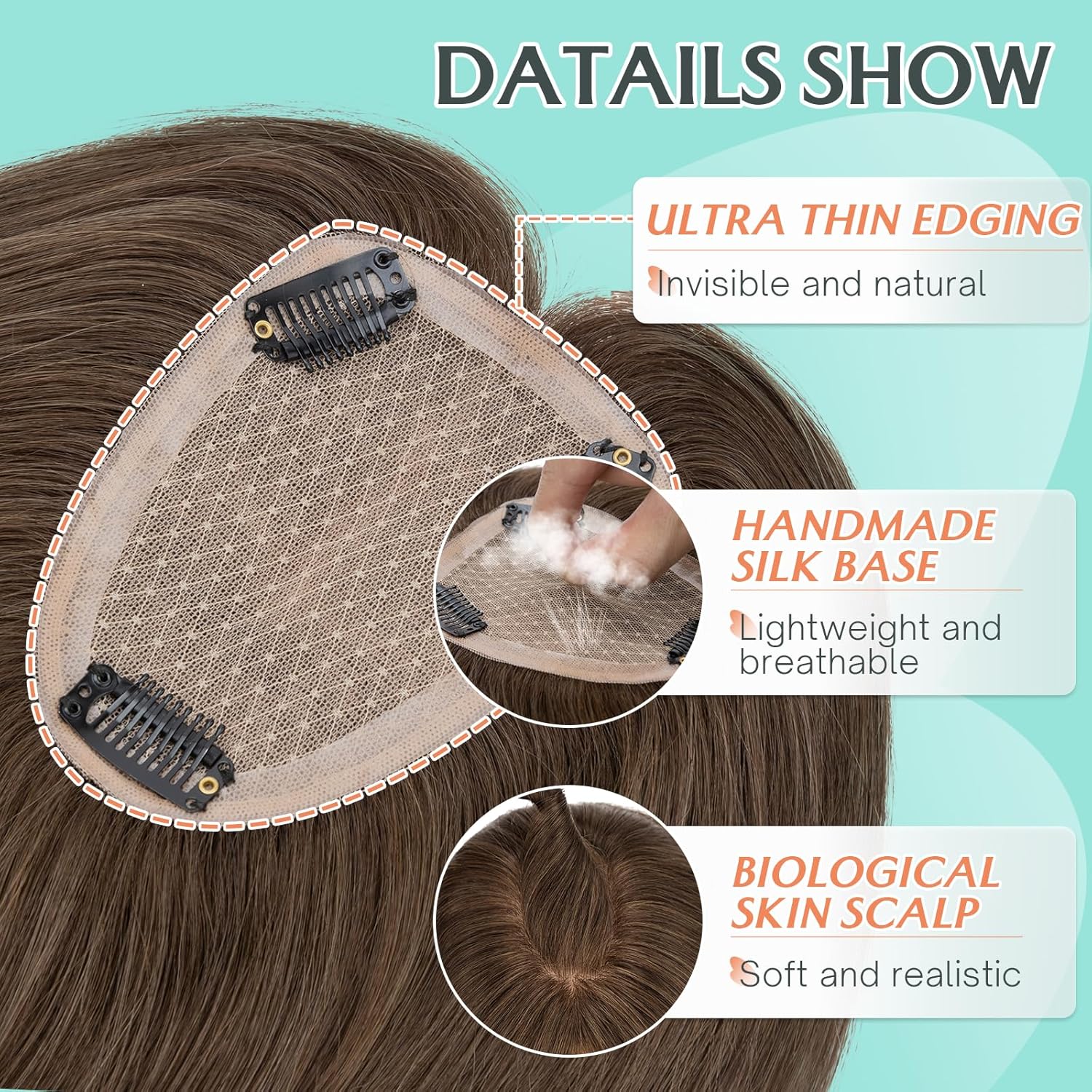 Benehair Human Hair Topper for Women - 9 * 12CM Silk Base, No Bangs, 150% Density, 100% Remy Hair Piece for Thinning Hair - Dark Brown, 12 Inch - Image 4