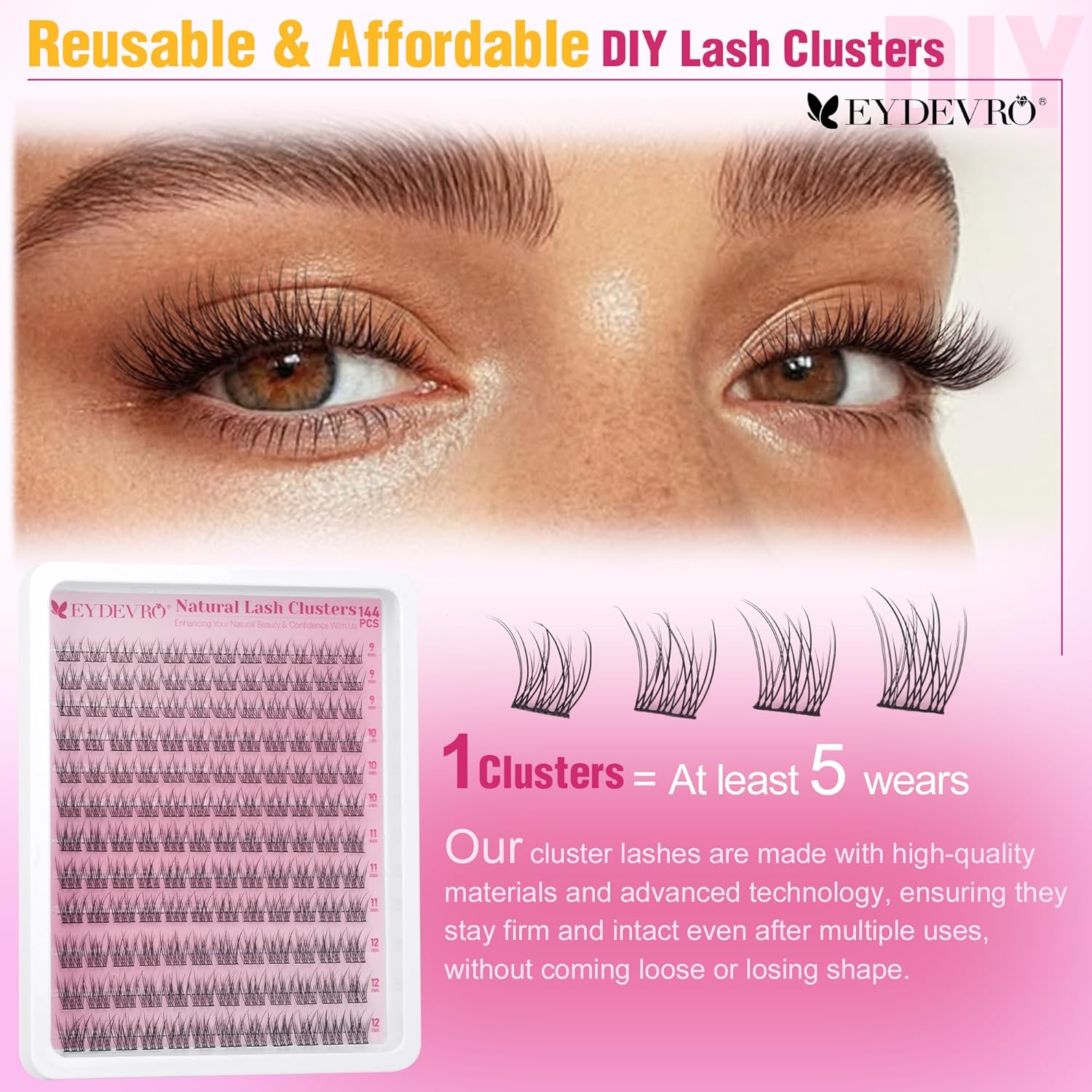 EYDEVRO Wispy Lash Clusters Natural Eyelash Clusters 9-12mm Cluster Eyelash Extensions Lightweight Individual Lashes Soft Comfortable Reusable Cluster Lashes for Hooded Eyes and Beginners - Image 7
