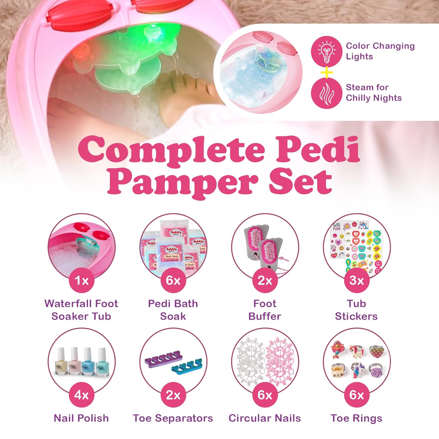 Glow in Dark Kids Spa Day Kit for Girls - 42+ Piece Set Waterfall Foot Spa - Perfect Spa Kit for Girls, Fun Pedicure and Party Supplies, Ideal for Girls Ages 6 7 8 9 10-12 - Image 5