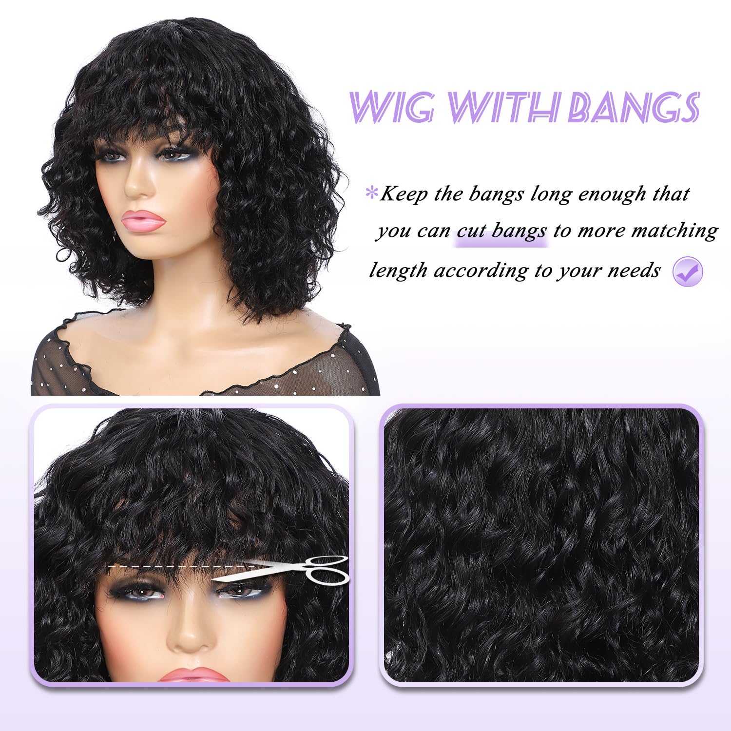 HUA Curly Wig With Bangs Human Hair for Black Women Glueless 12 Inch Water Deep Wave Bob Human Hair Wigs With Bangs for Black Women Short Curly Human Hair Wig With Bangs 180% Density - Image 4