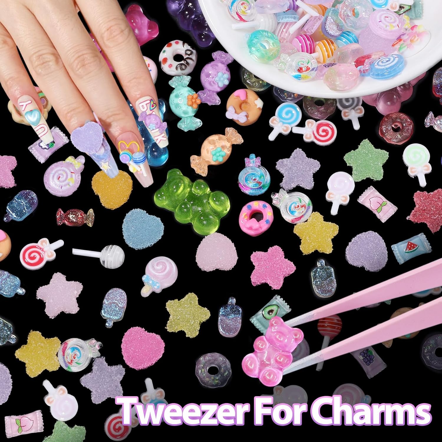 3D Candy Nail Charms for Acrylic Nails, Multi Color Lollipop Donuts Bears Sweet Cute Nail Charms, Star Heart Gummy Candy Jewelry Nail Charms for Nail Art DIY Decorations Design - Image 2