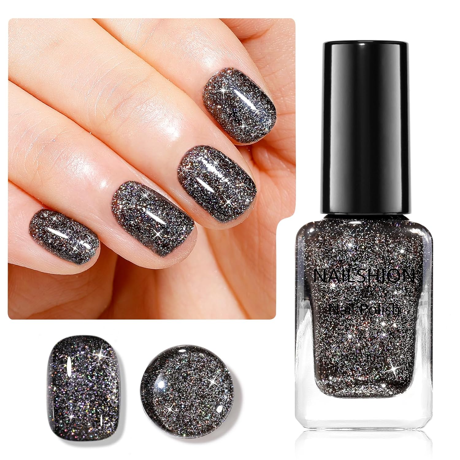 Black Glitter Nail Polish Fast Air Drying Regular Nail Polish Sparkly Shimmer Black Nail Lacquer High Shine Toe Fingernail Polish Nails Art Salon Manicure at Home Gift for Women Girls - Image 9