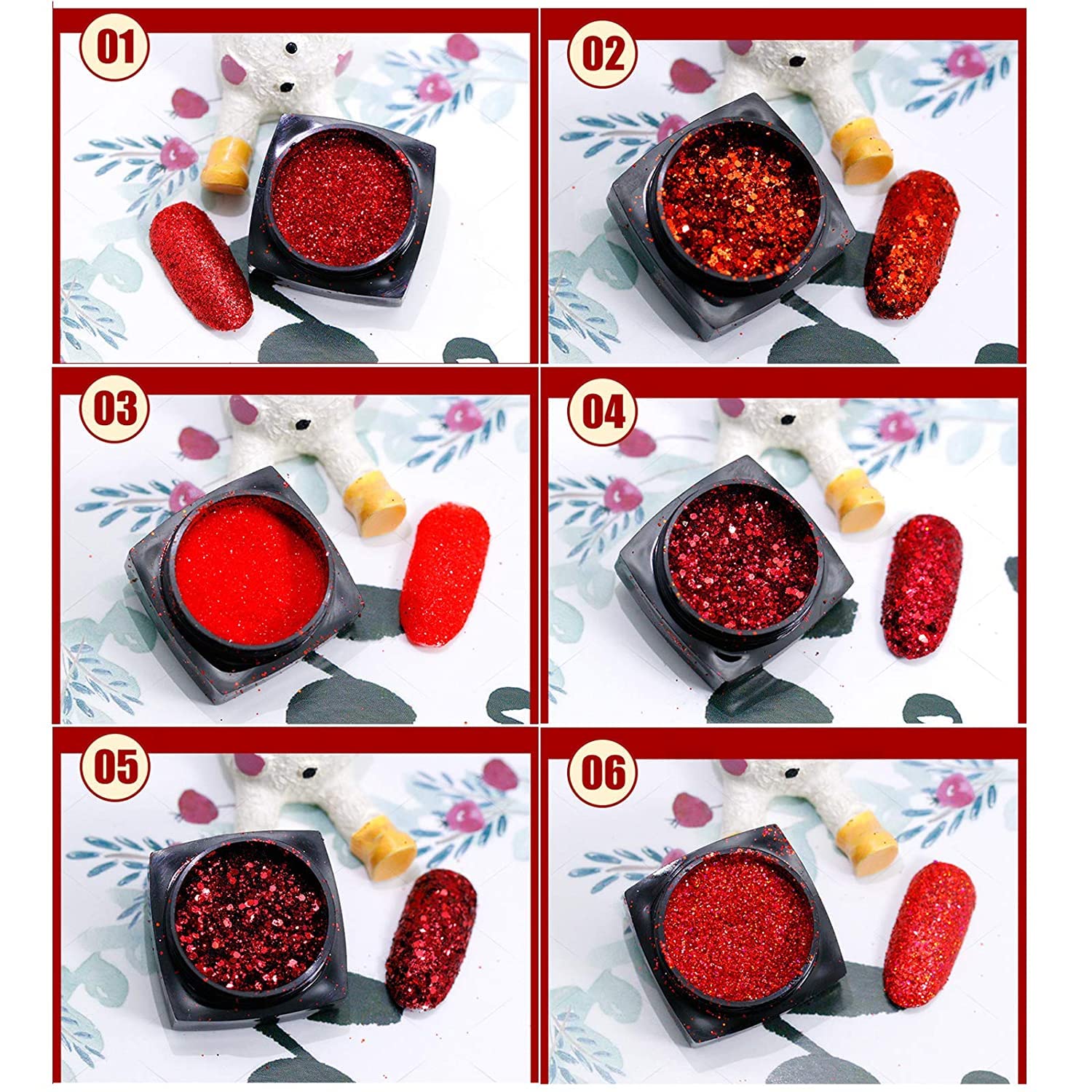 Nail Art Glitter Sequins 6 Boxes Red Crystal Diamond Nail Powder 3D Holographic Nail Art Powder Shiny Flakes Acrylic Nail Glitters Set for Valentine's Day Nail Decoration Manicure Tips Charms - Image 7