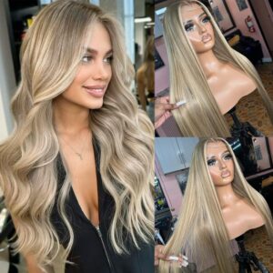 Highlight 13x4 HD Lace Front Wig Human Hair 22 Inch Balayage Ash Brown to Beige Blonde to Platinum Blonde Human Hair Lace Frontal Wig for White Women Glueless Wigs 180% Density Colored Remy Hair Wigs
