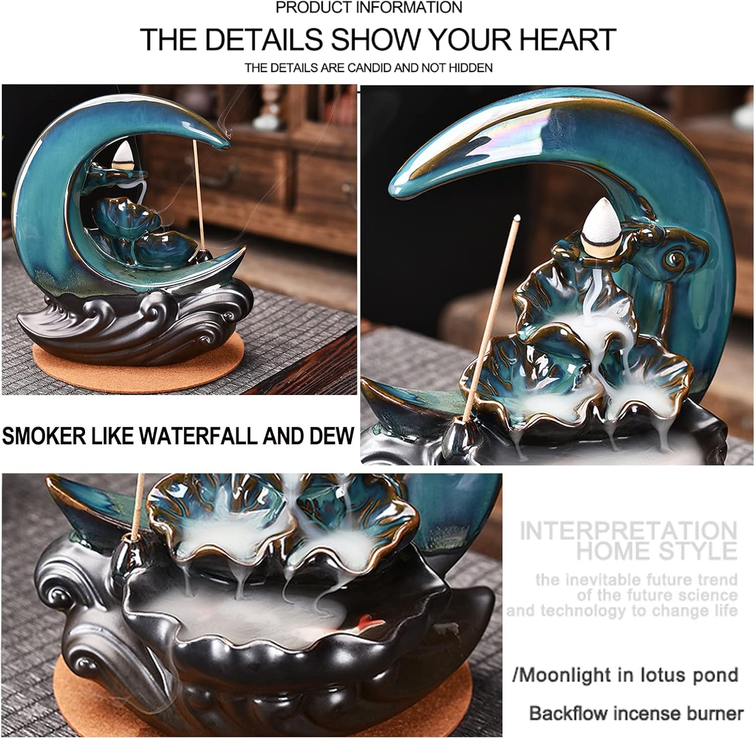 Handmade Ceramic New Moon Backflow Incense Burner Fountain with 100 Cones and Mat - Image 5