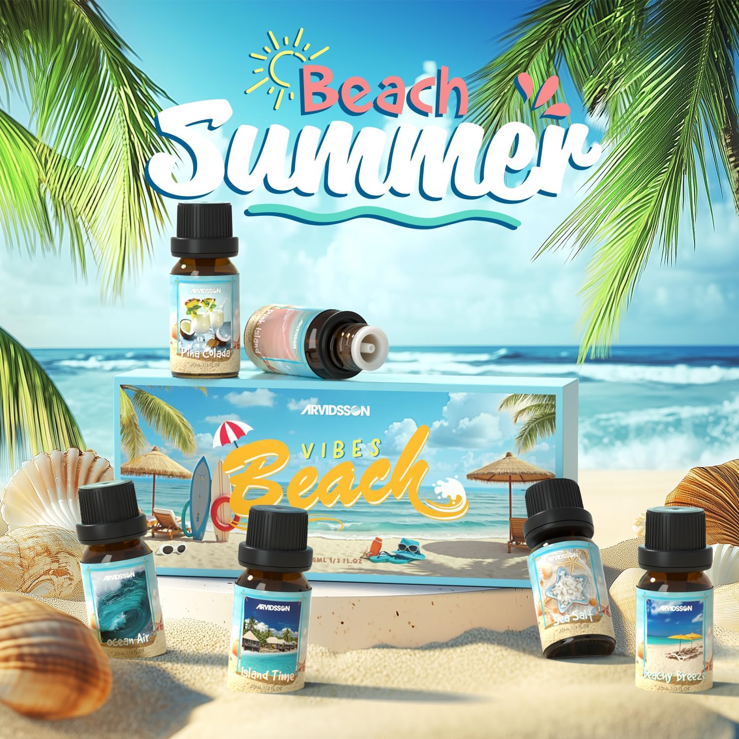 Beach Fragrance Oils Set, ARVIDSSON Summer Essential Oils for Diffuser - Beachy Breeze, Ocean Air, Pina Colada, Pink Sand, Sea Salt, Island Time, Tropical Scented Oil - Image 7