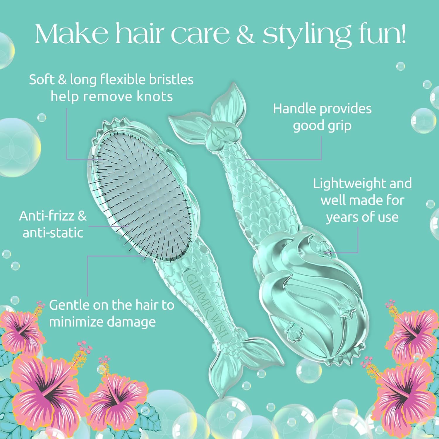 Glimmer Wish Mermaid Detangling Hair Brush for Kids - Anti Frizz and Anti Static - Soft and Long Bristles to Detangle With Ease - Gentle on Hair Kids Hair Brush - Image 4