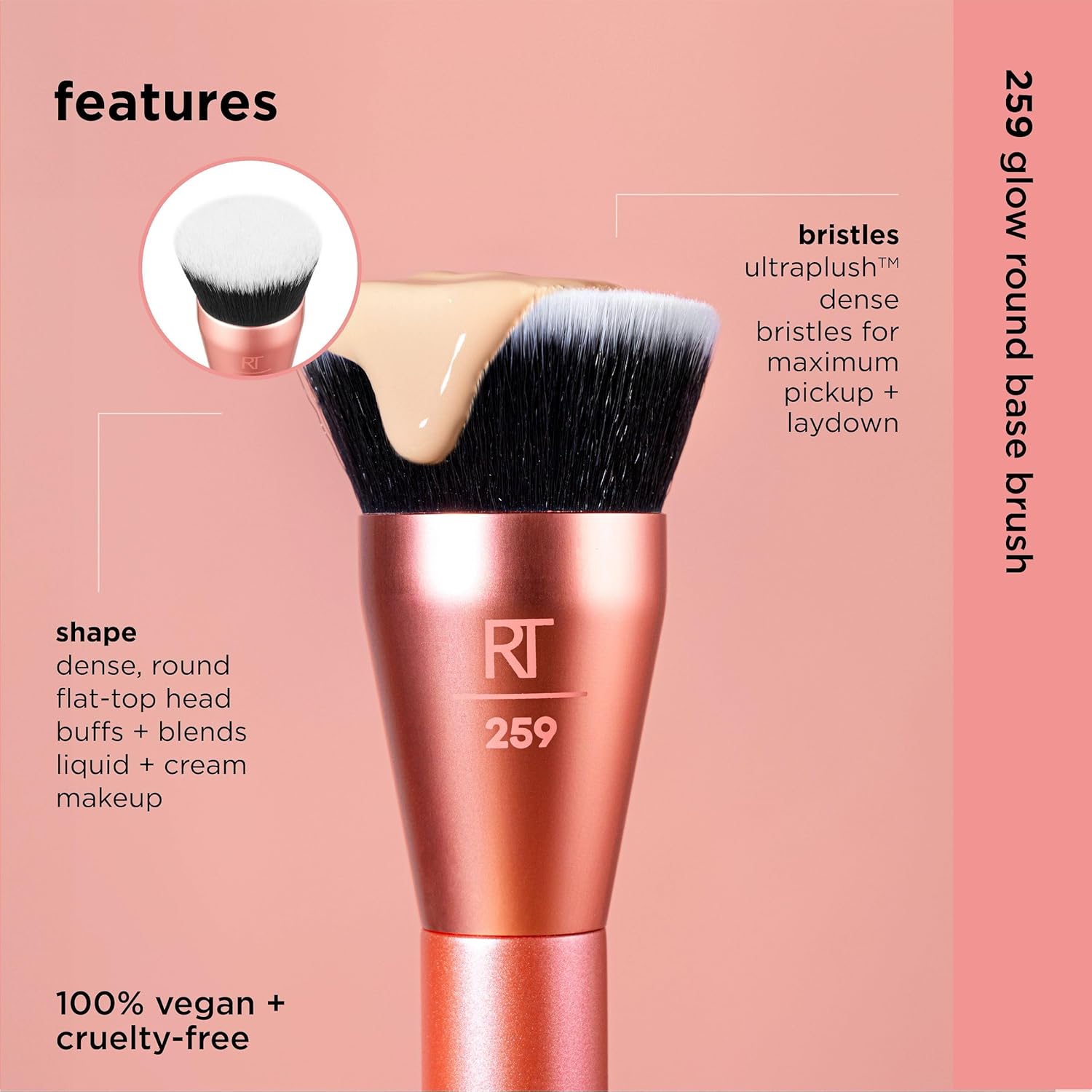 Real Techniques Glow Round Base Makeup Brush, For Liquid & Cream Makeup, Flat Top Foundation Brush For Buffing & Blending Up Coverage, Dense, Synthetic Bristles, Vegan & Cruelty Free, 1 Count - Image 4
