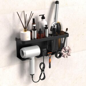 Wall Mounted Hair Dryer Holder - Storage Organizer with Shelf & Hooks for Bathroom, Blow Dryer Rack (Black)