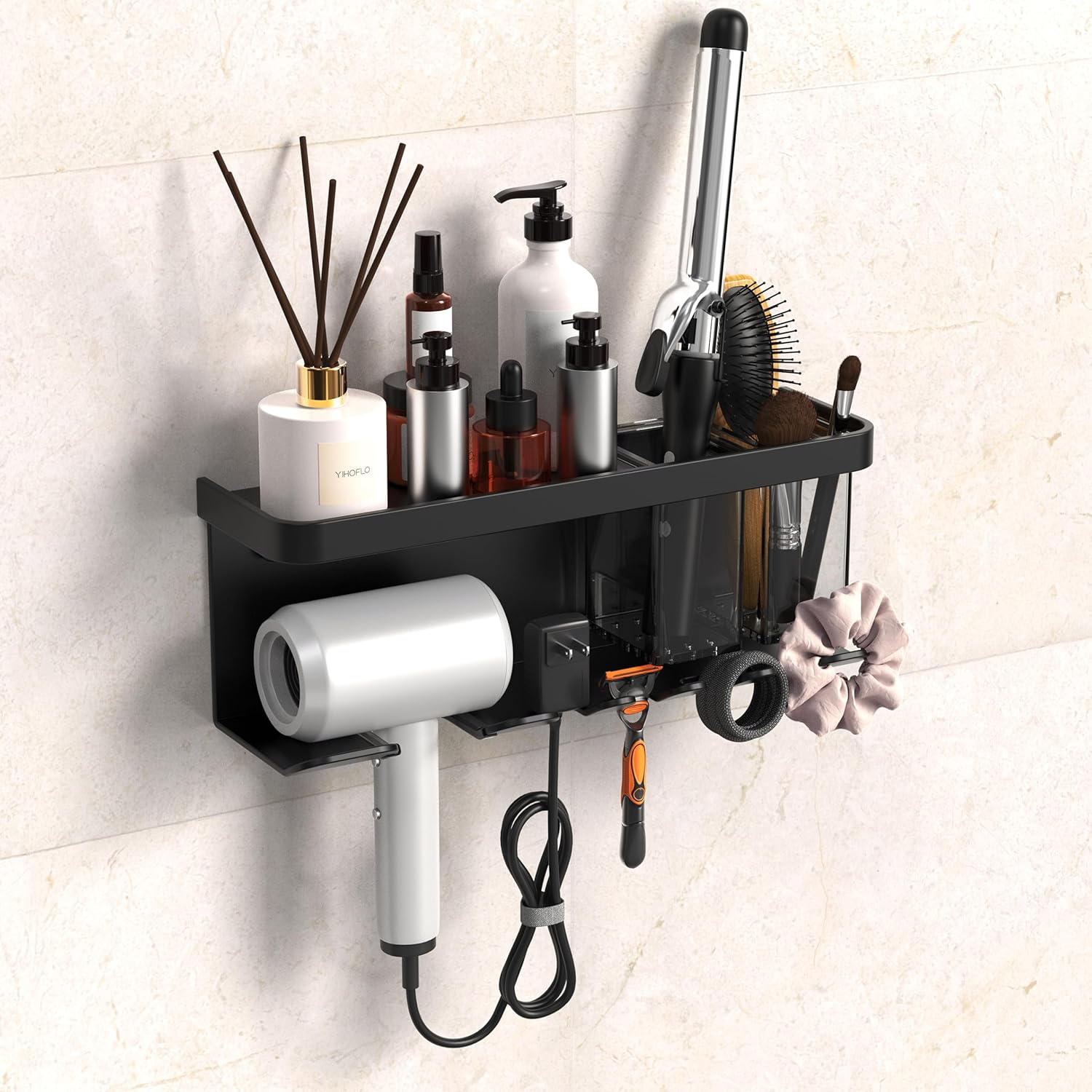 Wall Mounted Hair Dryer Holder - Storage Organizer with Shelf & Hooks for Bathroom, Blow Dryer Rack (Black)