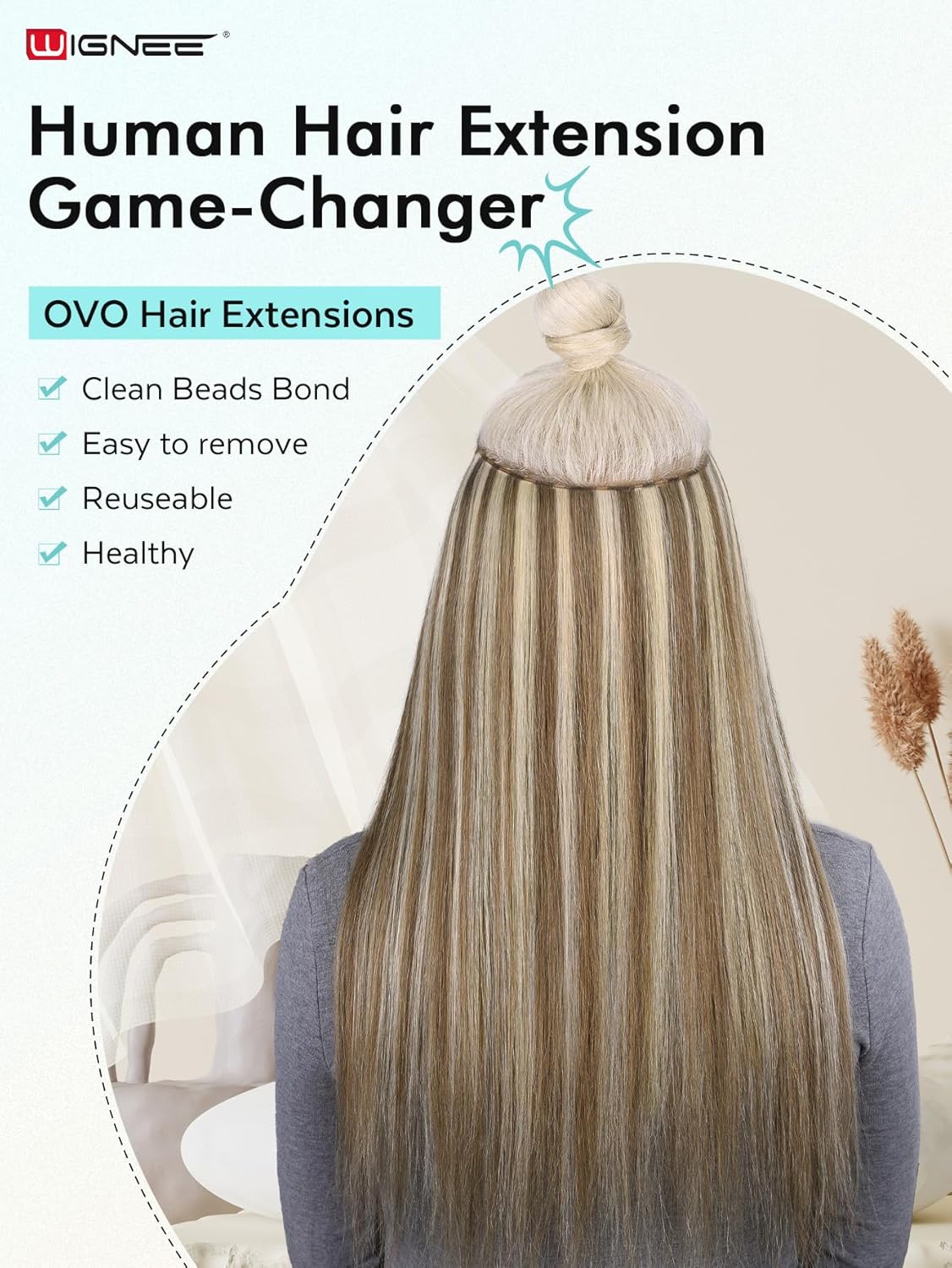 WIGNEE New Double Layered PU OVO Hair Extensions Blonde Ombre Straight Human Hair weft with beads 100% Real Human Hair Extensions 18 Inch Seamless Micro Beads Human Hair Extensions Glueless (9A/60) - Image 4