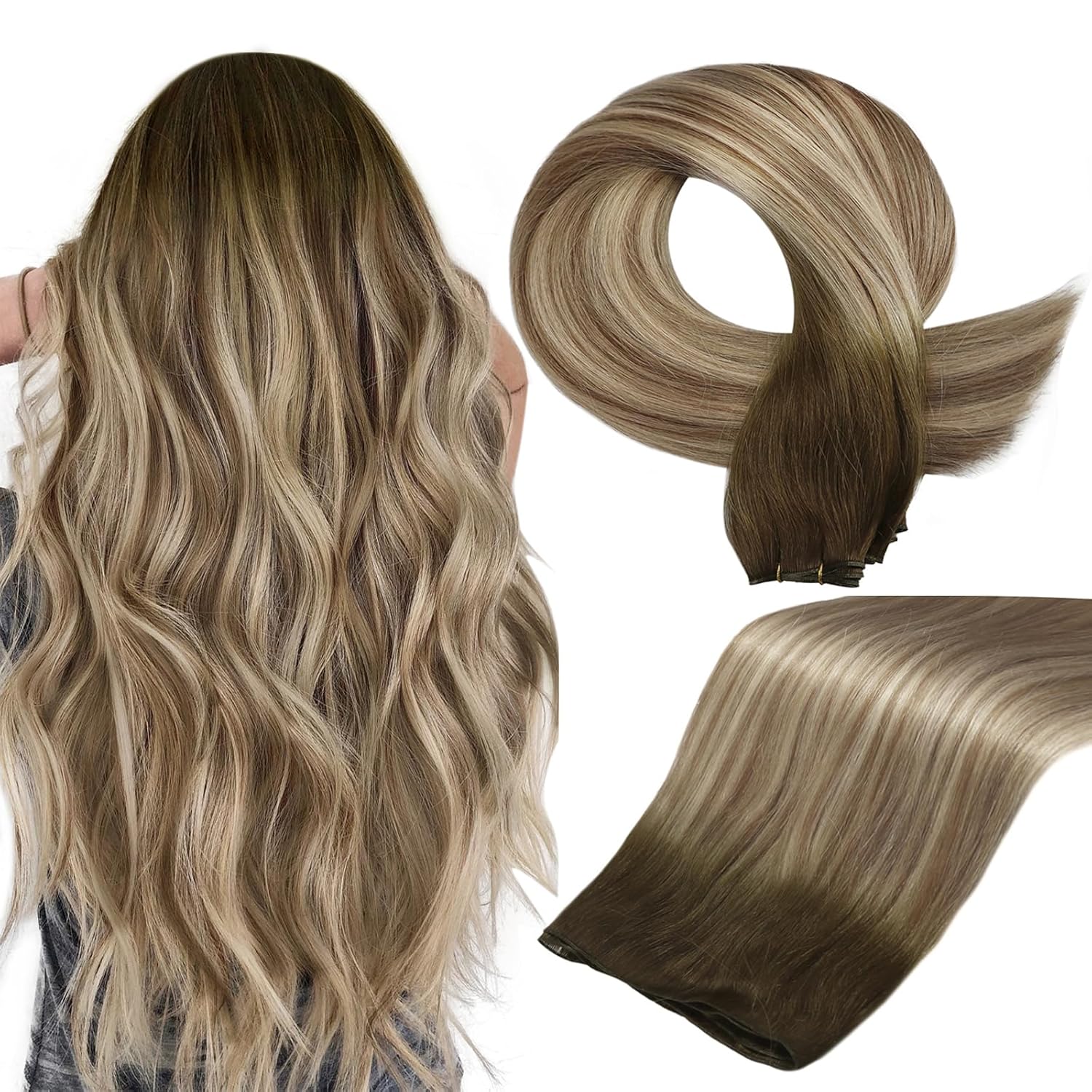 Full Shine Weft Hair Extensions Human Hair 20 Inch Hand Tied Hair Extensions Real Human Hair 60G Blonde Sew In Extensions For Women Hair Extension Wefts Human Hair