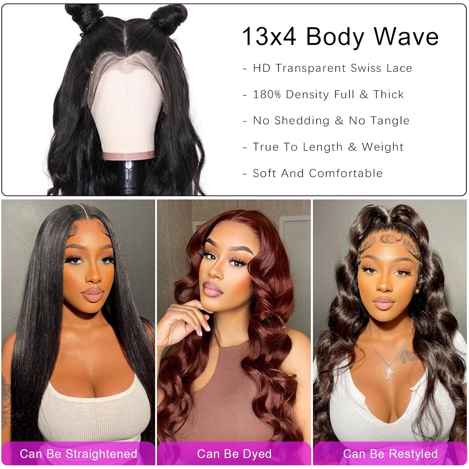 Body Wave Lace Front Wigs Human Hair 13x4 HD Lace Front Wigs Human Hair Pre Plucked with Baby Hair Frontal HD Lace Wigs 180% Density Black Human Hair Wigs for Women with Natural Hairline (24inch) - Image 3