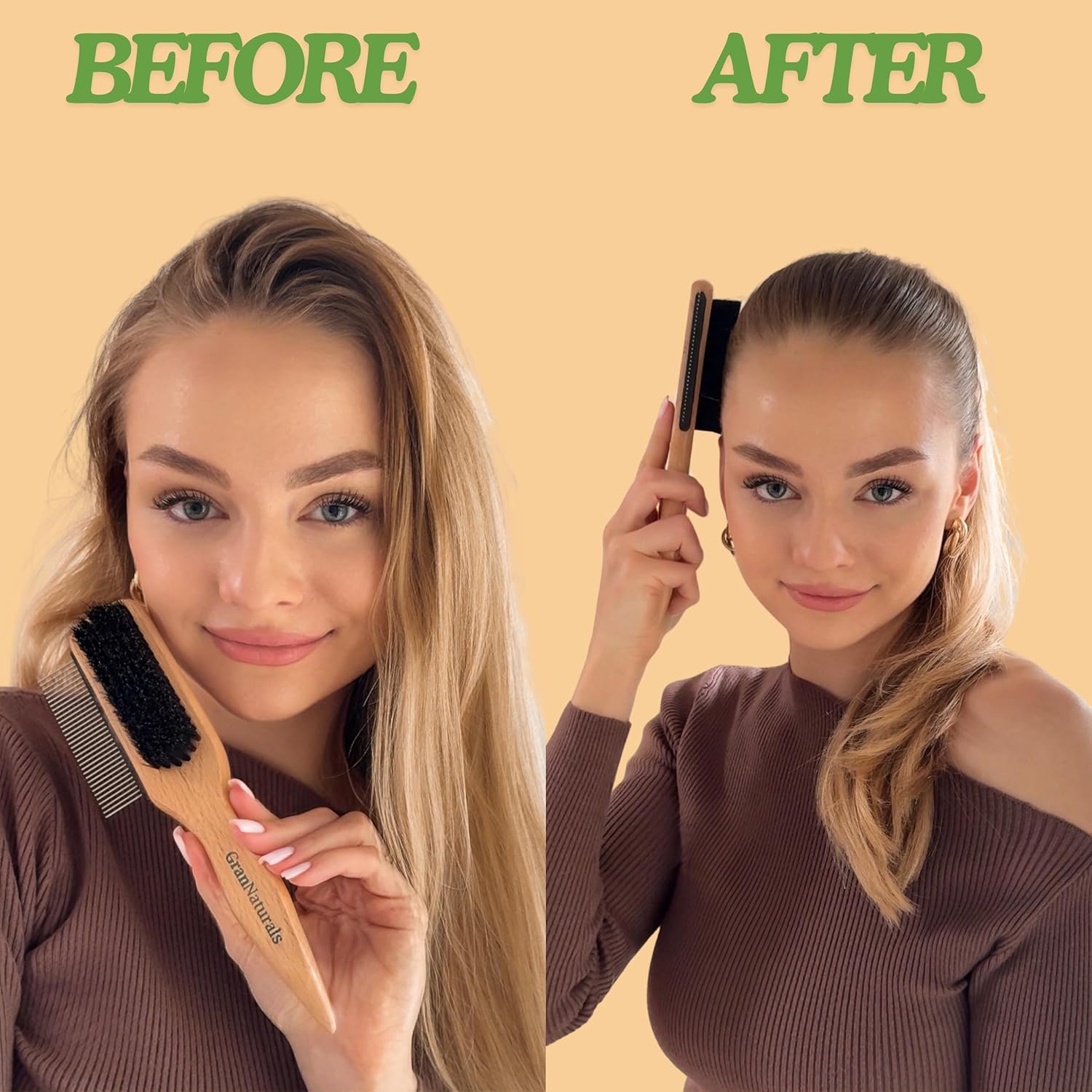 GranNaturals Boar Bristle Slick Back Hair Brush w/Comb for Smoothing Sleek Ponytail Bun - Wide Rat Tail & Metal Comb Hairbrush for Parting, Teasing, Backcombing, Sectioning, Edge Control, Flyaways - Image 7
