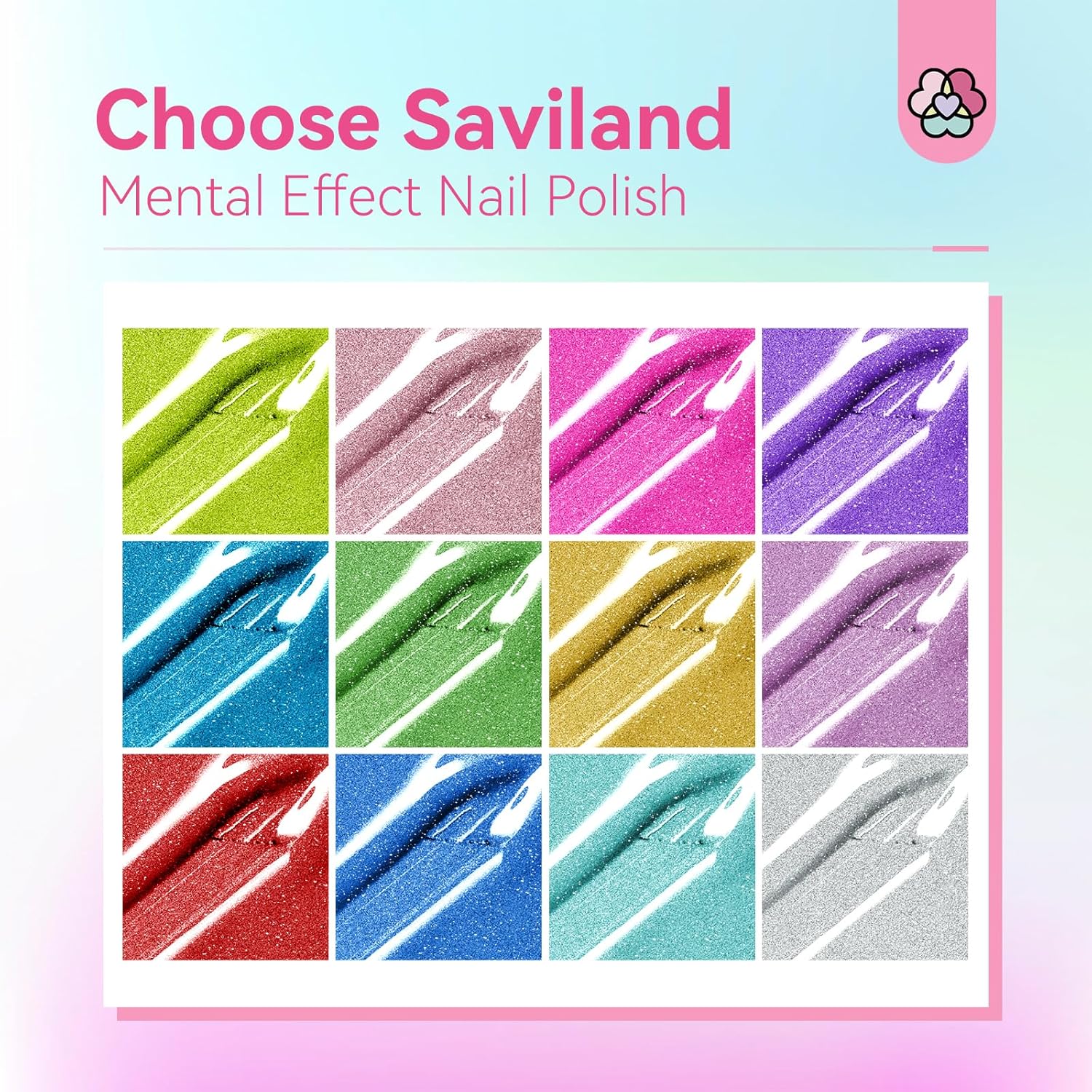 SAVILAND Metallic Nail Polish Set: 12 Colors Mirror Chrome Glitter Nail Polish 0.34oz Holographic Red Silver Pink Nail Polish Quick-Dry Base Top Polish Coat for Fingernail Toenail French Manicure Art - Image 3