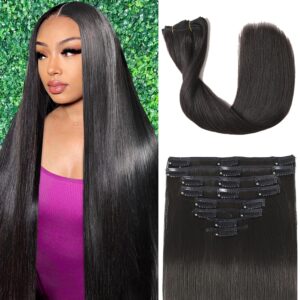 Clip in Hair Extensions Real Human Hair, 100g/3.6oz, Clip in 100% Brazilian Remy Human Hair Extension for Women, Double Weft 8pcs Per Set with 18 Clips 1B Natural Black 16 Inch