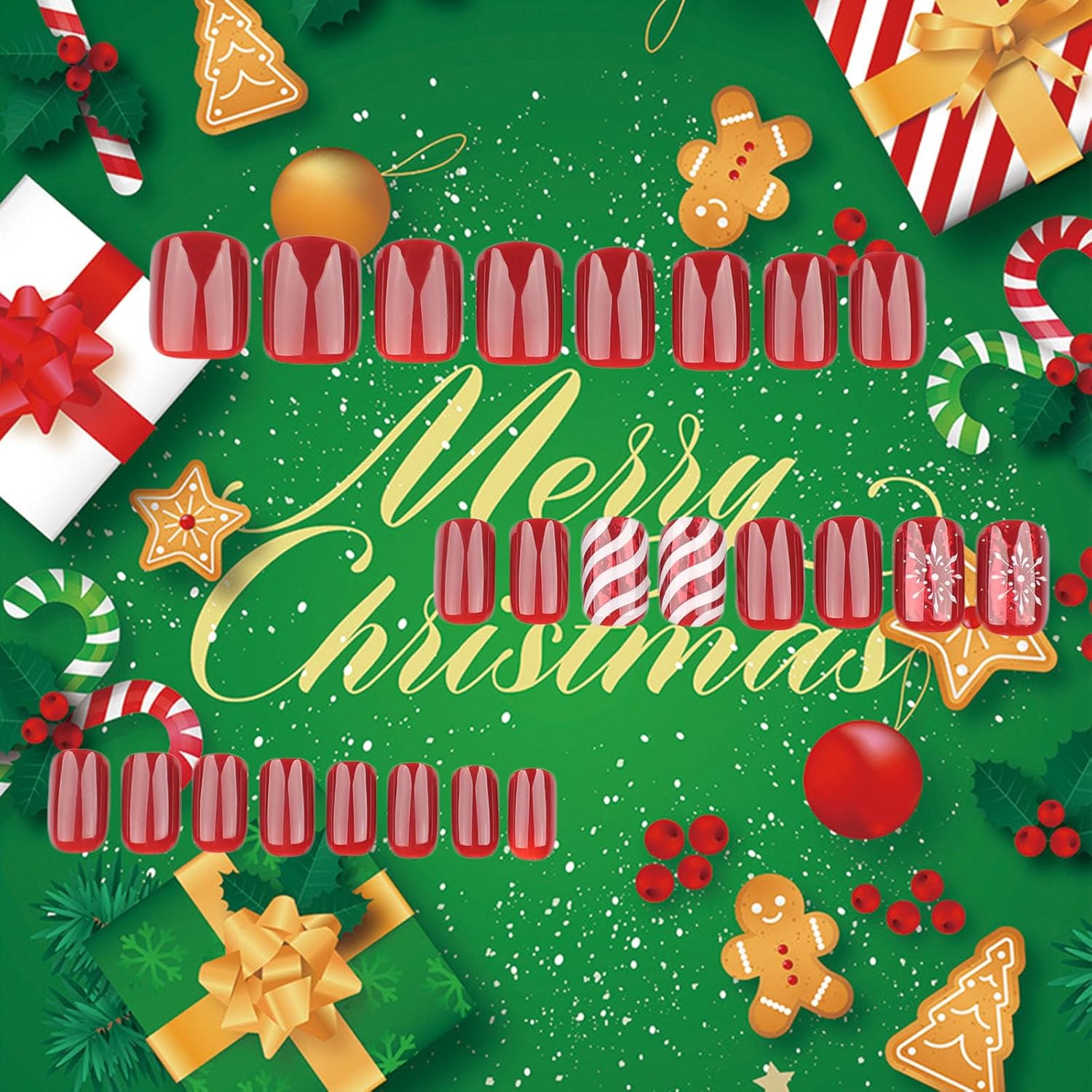 Christmas Snowflake Press on Nails Glossy Red Curve Line Acrylic Fake Nails 24Pcs Candy Stripes False Nails Gel Glue on Nails for Manicure Snowflake Stick on Short Square Nails for New Years Gifts - Image 3