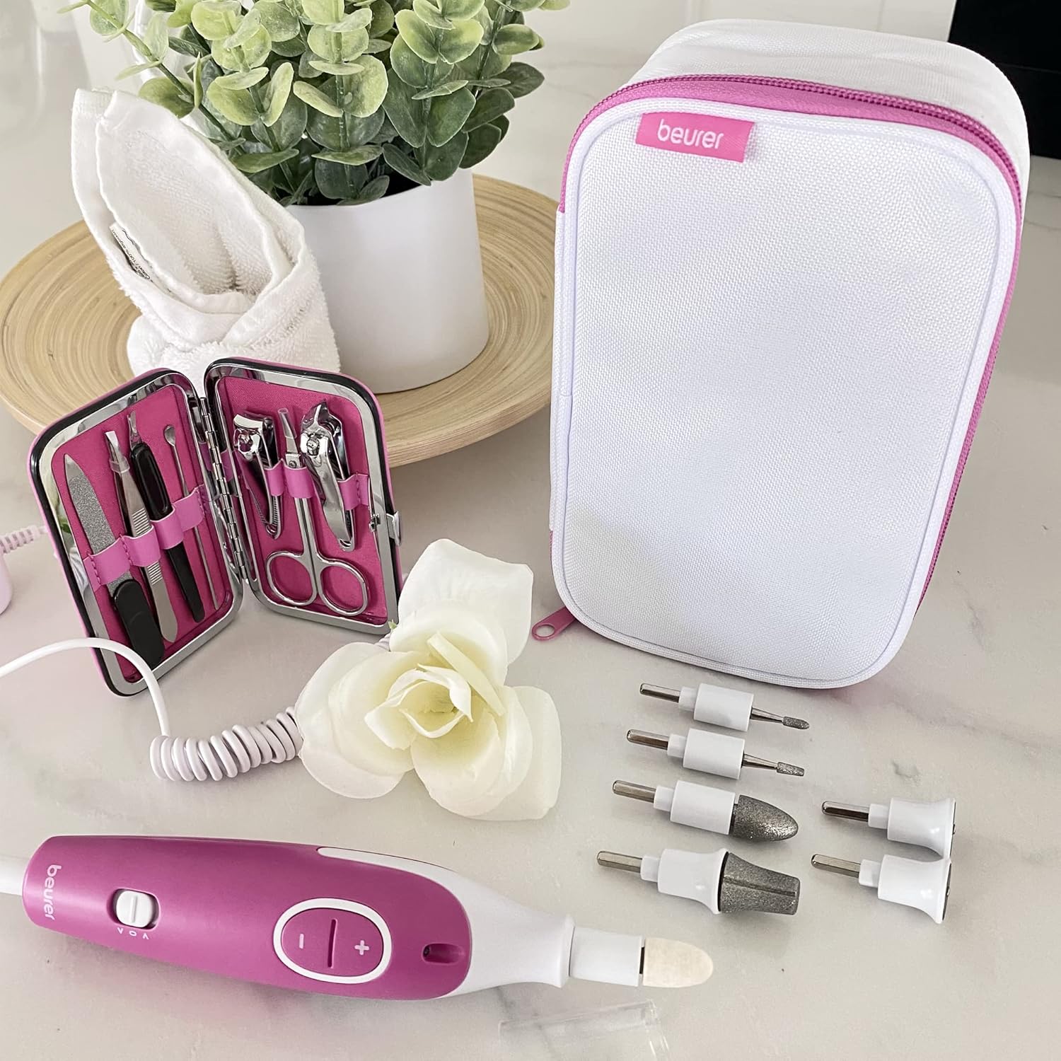 Beurer MP44 Professional Manicure and Pedicure Nail Drill Set, E-File with 7 attachments, LED Light, Electric Nail File with Additional Manual Nail kit, Pink - Image 7