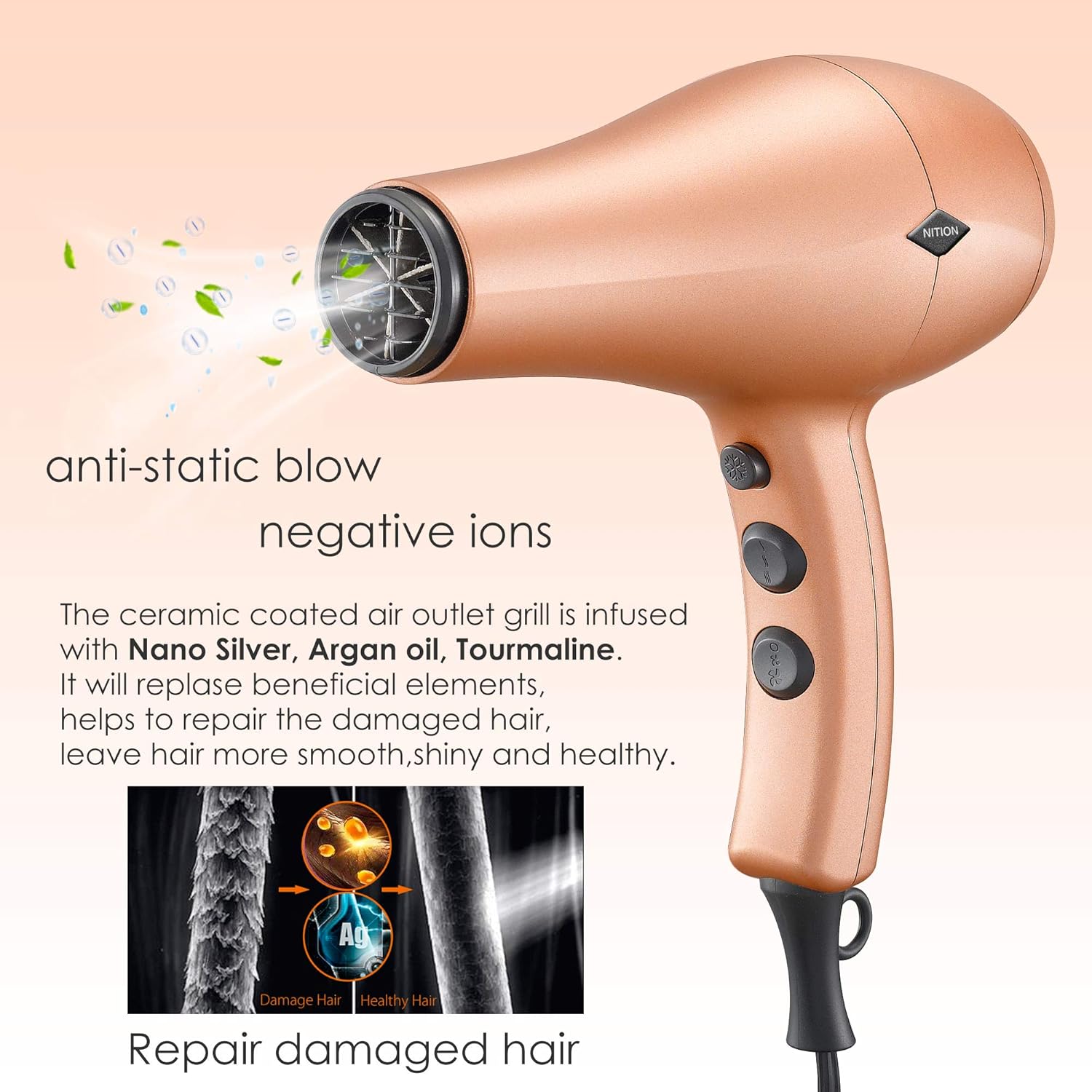 NITION Negative Ions Ceramic Hair Dryer with Diffuser(Large Size 5.3 inch) Attachment Ionic Blow Dryer Quick Drying,1875 Watt 2 Speed / 3 Heat Settings,Cool Shot Button,Lightweight,Gold - Image 2