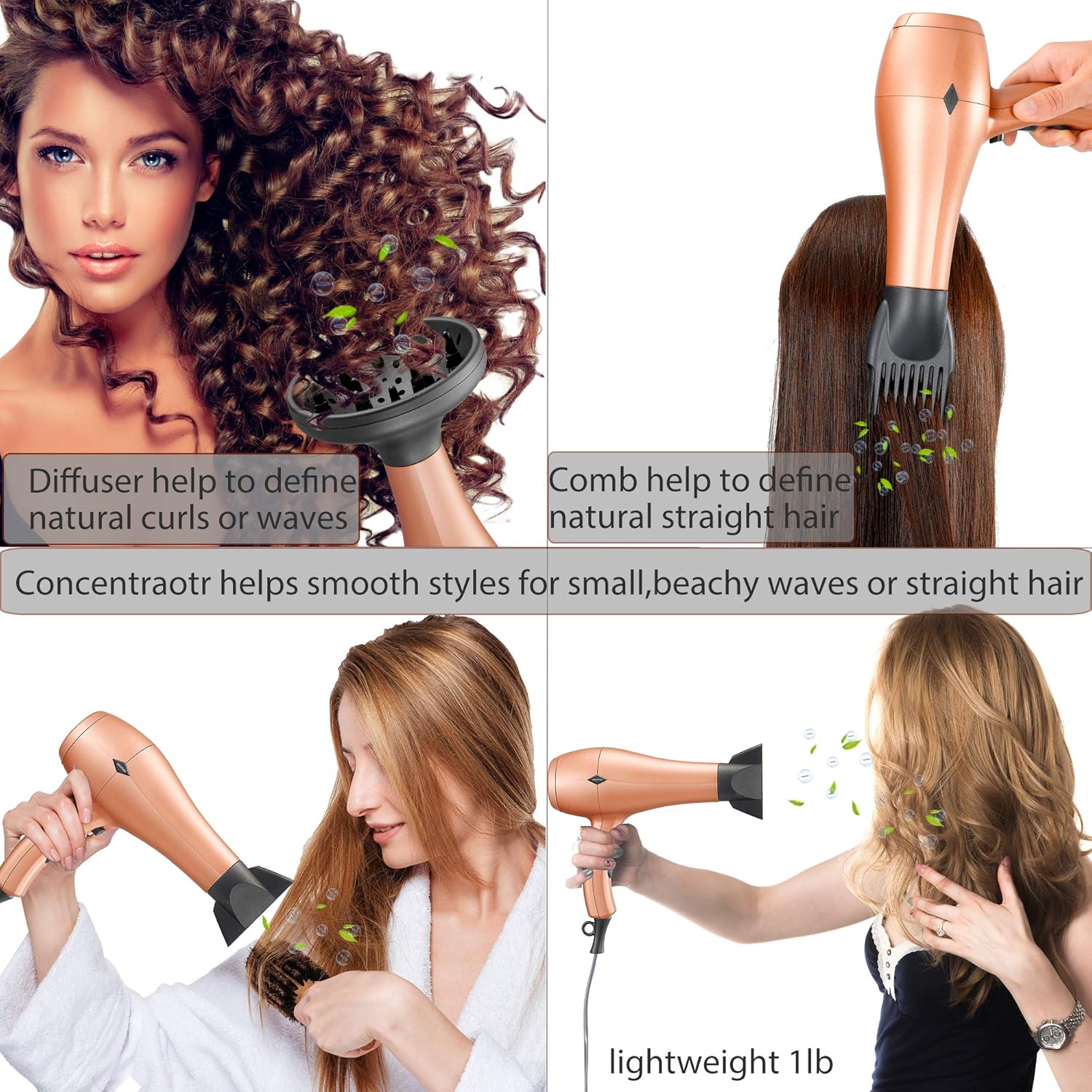 NITION Negative Ions Ceramic Hair Dryer with Diffuser(Large Size 5.3 inch) Attachment Ionic Blow Dryer Quick Drying,1875 Watt 2 Speed / 3 Heat Settings,Cool Shot Button,Lightweight,Gold - Image 5