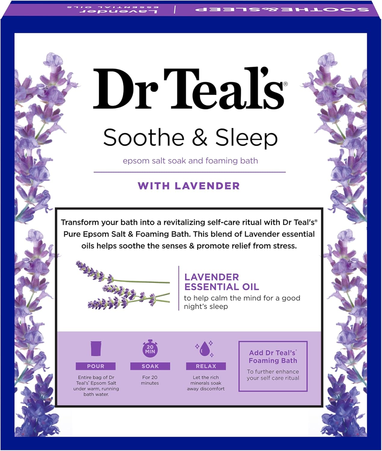 Dr Teal's Lavender Essential Oil Epsom Salt and Foaming Bath Sampler Set, 2 Piece, Off White - Image 8