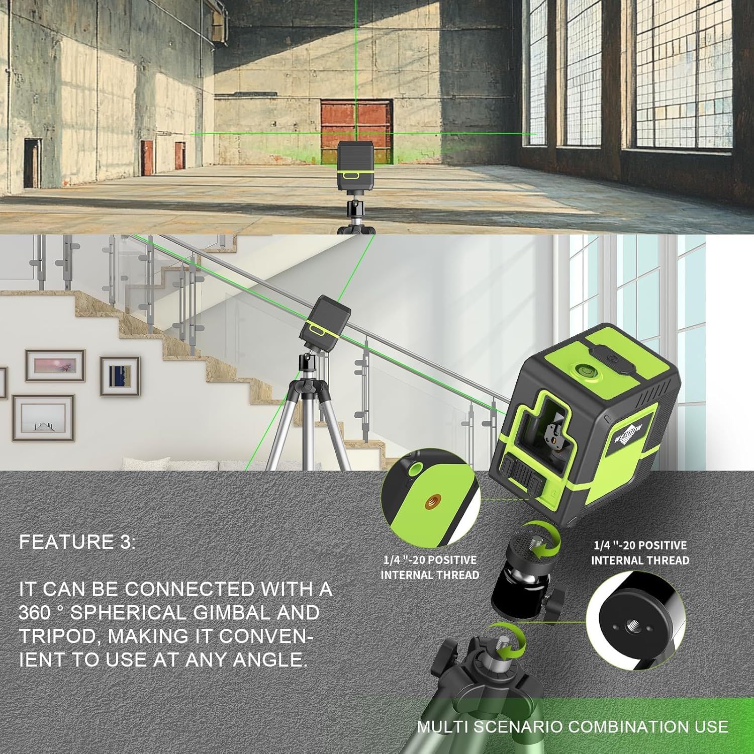Laser Level with 1M Tripod,can be standby for 10 hours,Green Cross Line Laser with Tripod Self-Leveling, Lazer Leveler Tool for Picture Hanging laserpower - Image 4