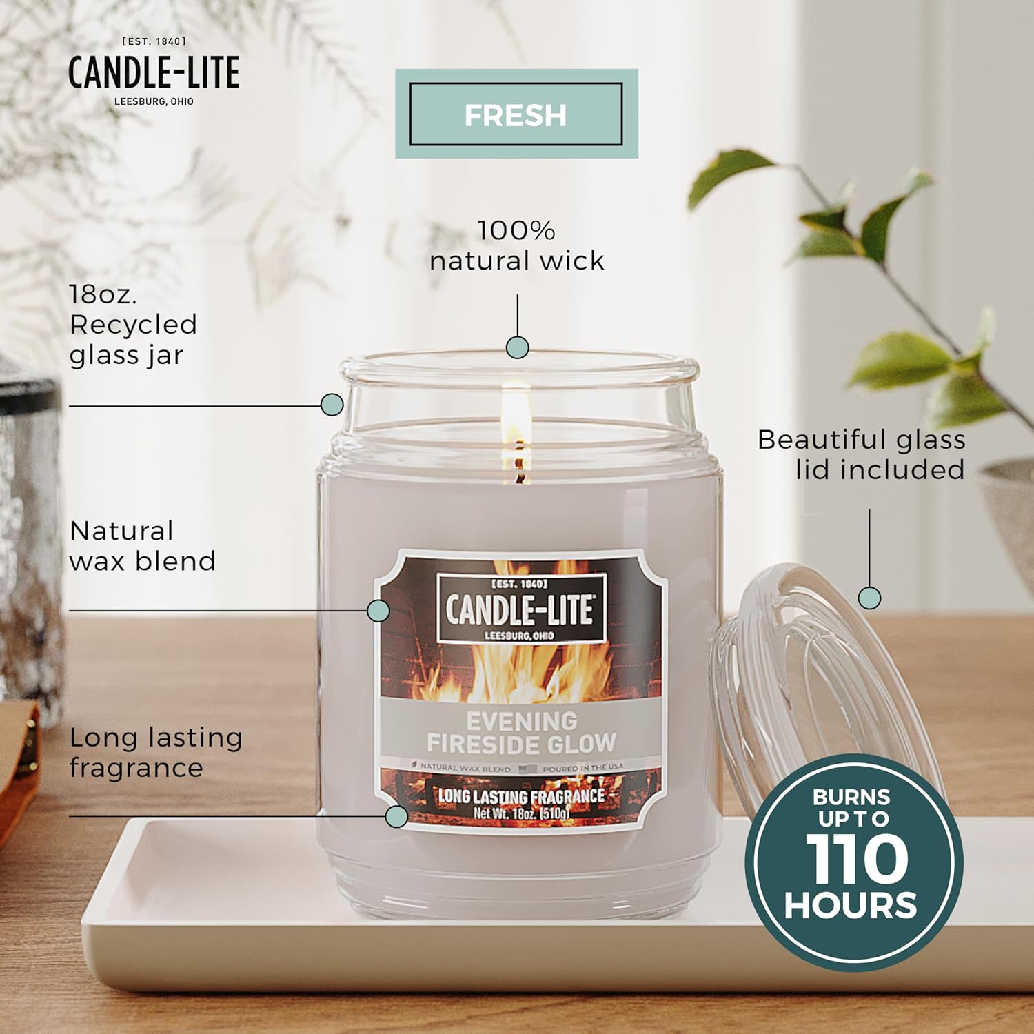 CANDLE-LITE Scented Evening Fireside Glow Fragrance, One 18 oz. Single-Wick Aromatherapy Candle with 110 Hours of Burn Time, Off-White Color, Jar (Individual Box) - Image 3