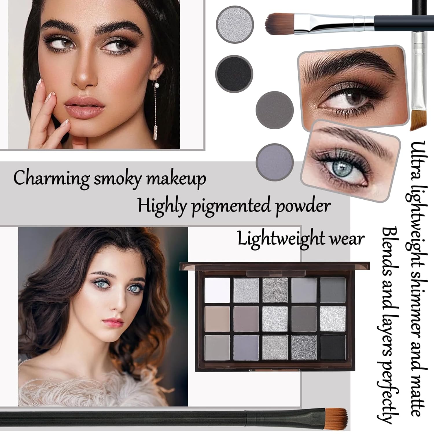 Black Grey Smoky Eyeshadow Palette,15 Colors Matte Shimmer Pigmented Eye Shadow Makeup Palette Set with 3 Eyeshadow Brushes,Glitter Eyeshadow Makeup Palette for Daily Halloween Goth Makeup(A) - Image 4