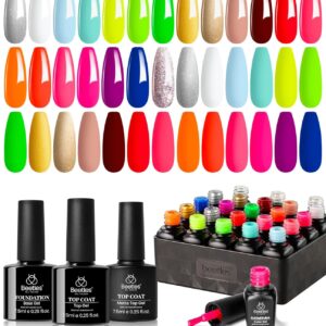 beetles Gel Polish Set, Neon Kit 20 Colors Gel Nail Polish with 3Pcs Base Gel Top Coat Hot Pink Orange Blue Magenta Lemon Green Colors Soak Off UV Manicure Rainbow Nail