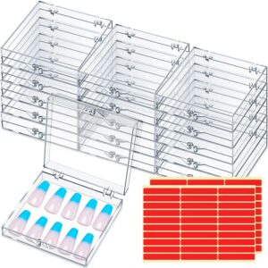 Landhoow 30-Piece Press on Nail Storage Box with 60-Piece Double-Sided Tape Acrylic Nail Display Case Packaging Organizer for Art Home Business Salon(Clear)