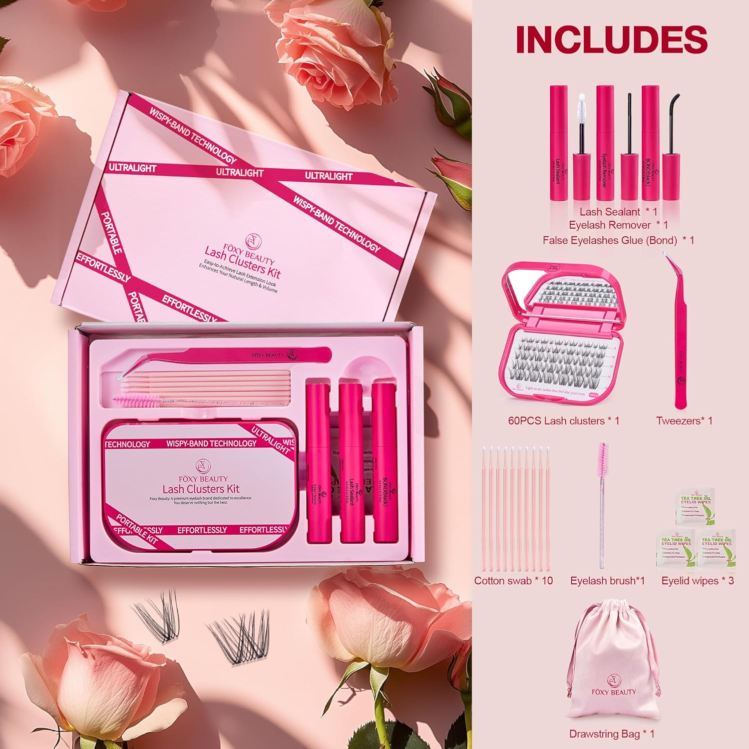 Lash Clusters Kit with Bond Seal Eyelid Wipes Brush and Bag Set - Image 2