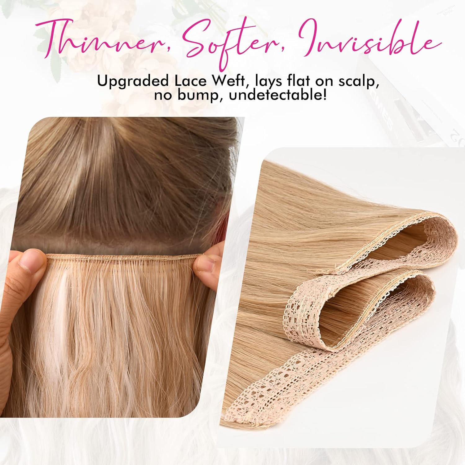 REECHO 12 Inch Invisible Wire Hair Extensions Chocolate Brown Blonde Highlights Single Pack - Image 2