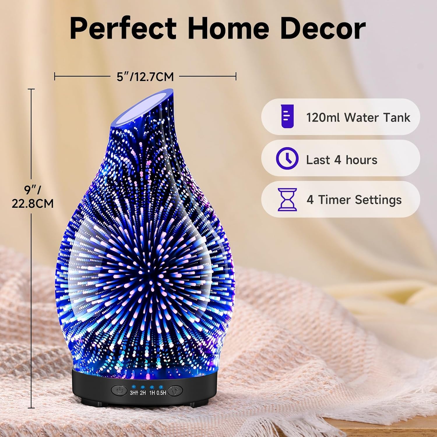 120ML Essential Oil Diffuser, 3D Glass Aromatherapy Diffuser with Auto Shut-Off and 7 Color LED Lights, Ultrasonic Mist Humidifier with 4 Timer for Home Office Bedroom (3D Fireworks) - Image 4