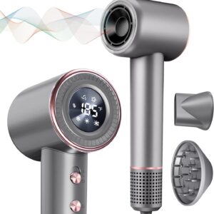 Rudd Hair Dryer with Diffuser, High Speed Hair Dryer with Display, 110000 RPM Brushless Motor for Fast Drying, 200 Million Negative Inoic Low Noise, Grey