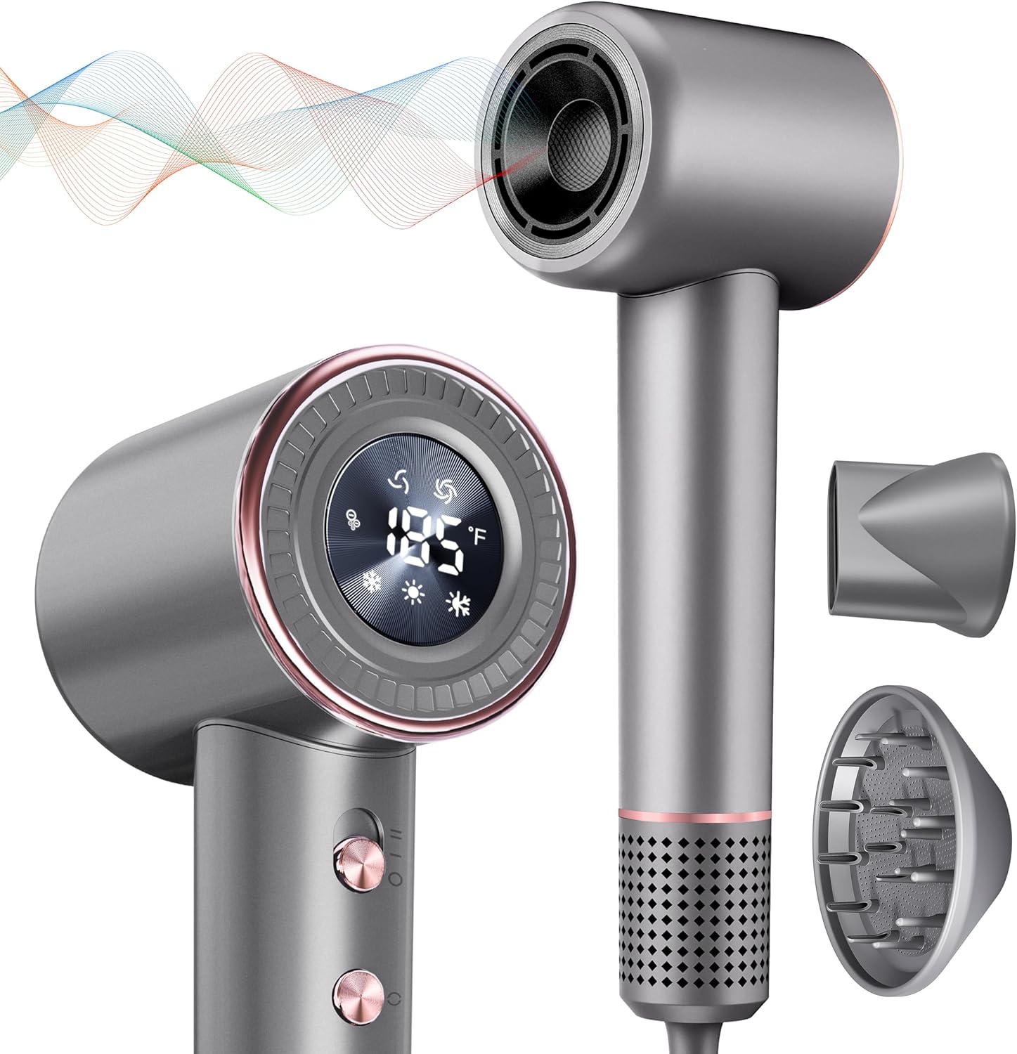 Rudd Hair Dryer with Diffuser, High Speed Hair Dryer with Display, 110000 RPM Brushless Motor for Fast Drying, 200 Million Negative Inoic Low Noise, Grey