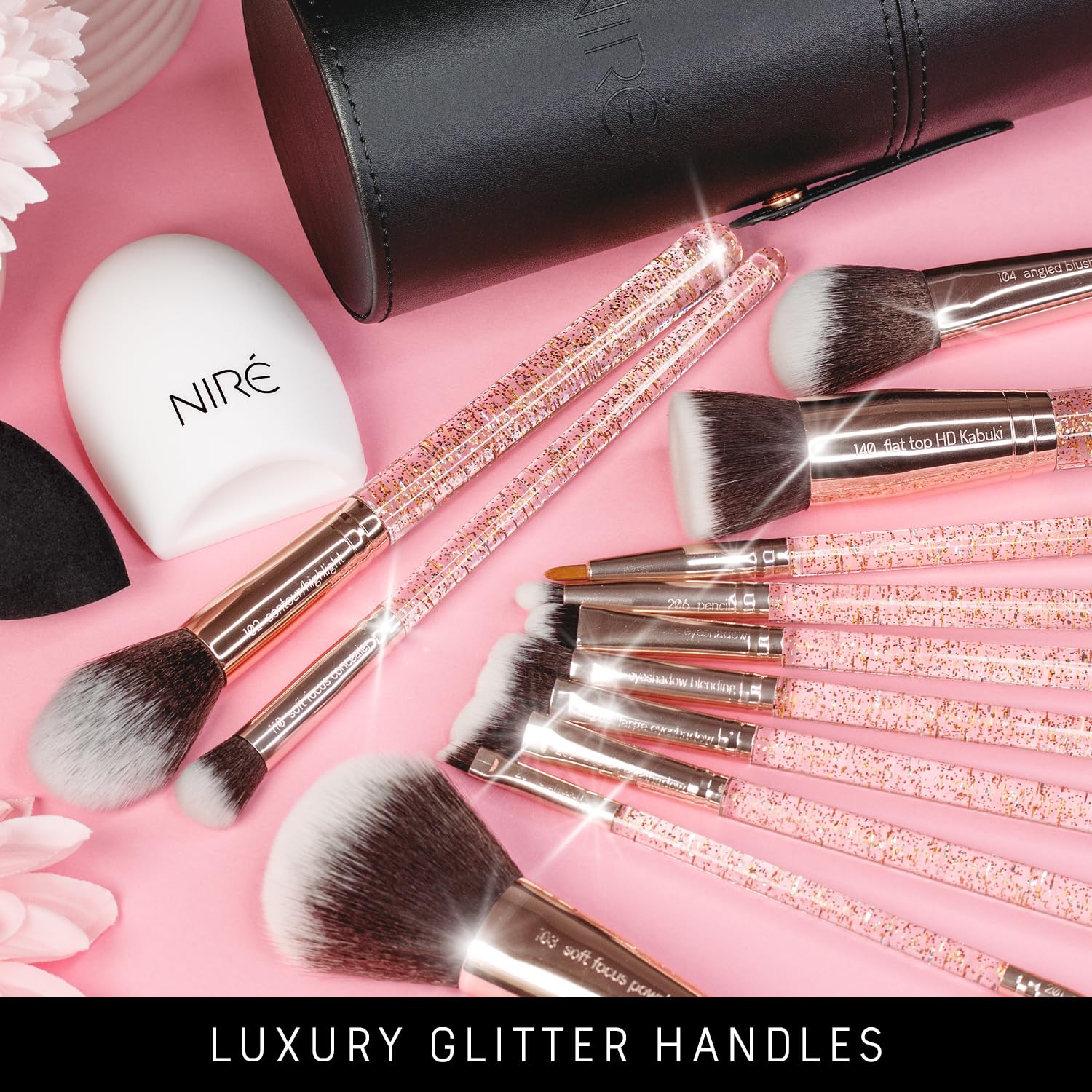 Niré Beauty 15piece Award Winning Glitter Makeup Brushes: Cute Makeup Brushes Set with Case, Beauty Blender, Cleaner, Guide, Gift Box - Image 8