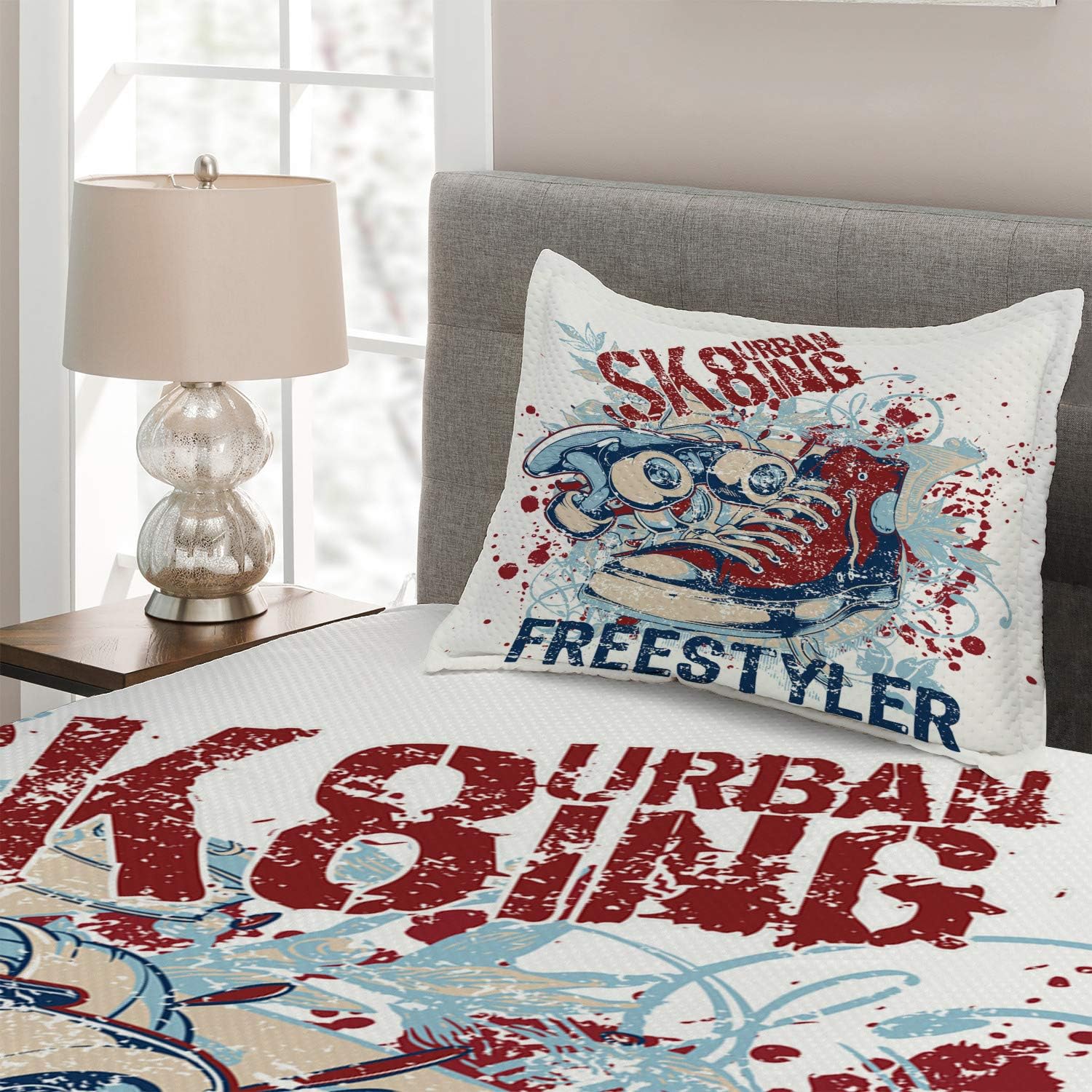 Ambesonne Sports Coverlet, Skateboarding Graphic with Distressed Complex Effects Action Sports Hipster Culture, 2 Piece Decorative Quilted Bedspread Set with 1 Pillow Sham, Twin Size, Blue Red - Image 2