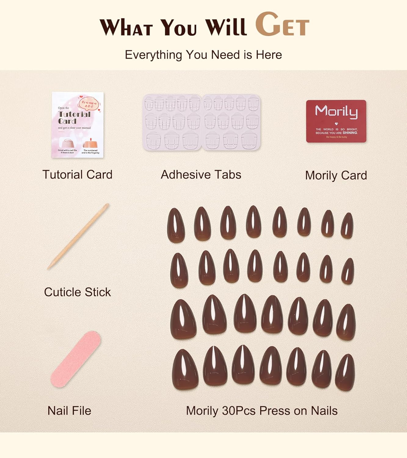 Morily Press on Nails Almond, Dark Brown Short Fake Nails with Designs Reusable Acrylic False Nails Glossy Full Cover Stick on Nails for Women - Image 4