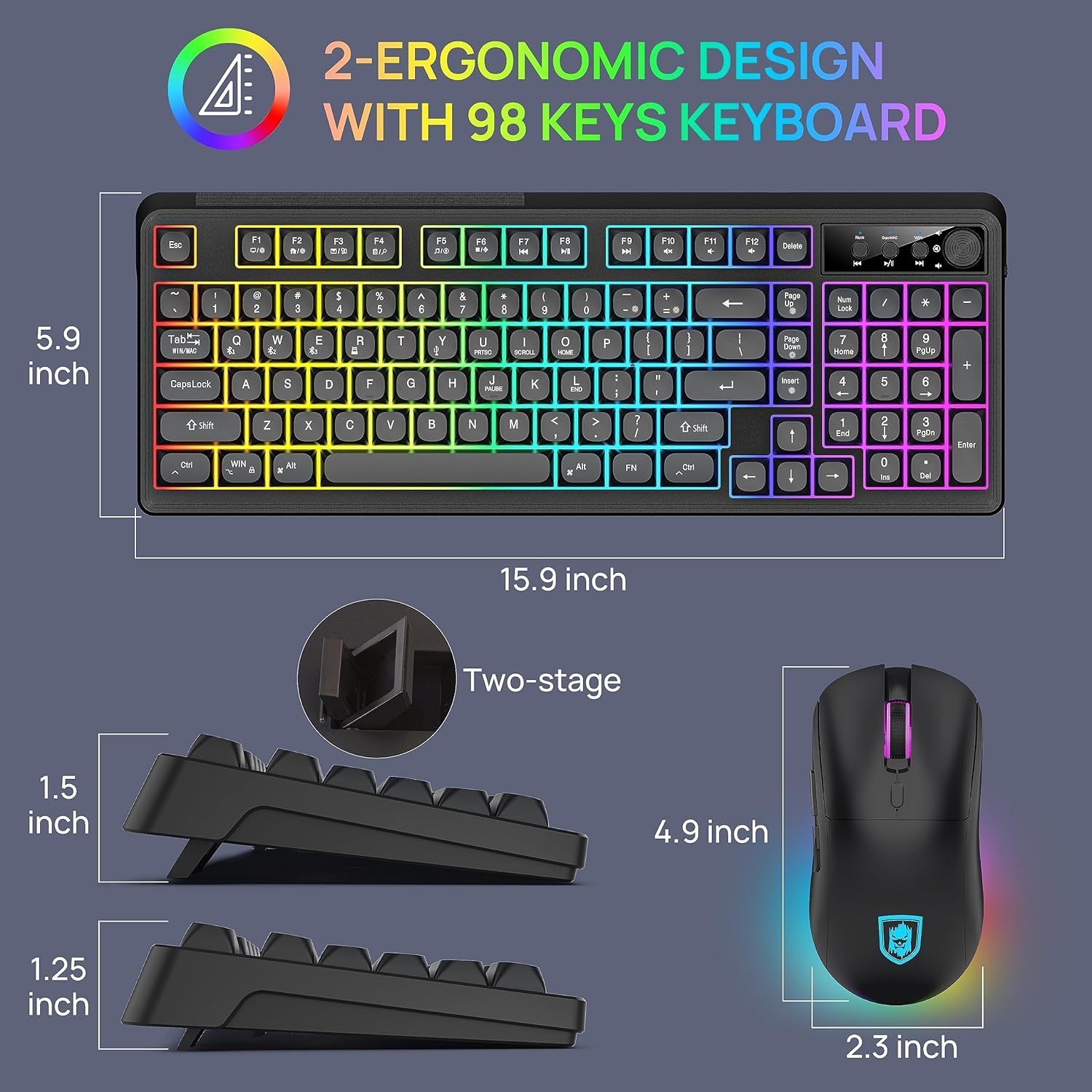 KOLMAX BT98 Wireless Keyboard and Mouse Combo,Triple Mode 2.4G/Wired/Bluetooth Gaming Keyboard and Mouse,Rechargeable Ergonomic RGB Backlit Light Up Keyboard Mouse with Knob for PC/Mac/Tablet - Image 8