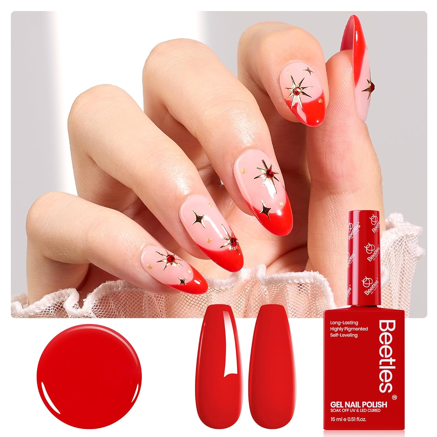 Beetles Red Gel Nail Polish 15ml 0.51 FL.OZ Red Color Soak Off U V LED 4th of July Gel Polish Nail Art Design Patriotic Manicure Salon DIY Home Colorful Bottle for Women - Image 8