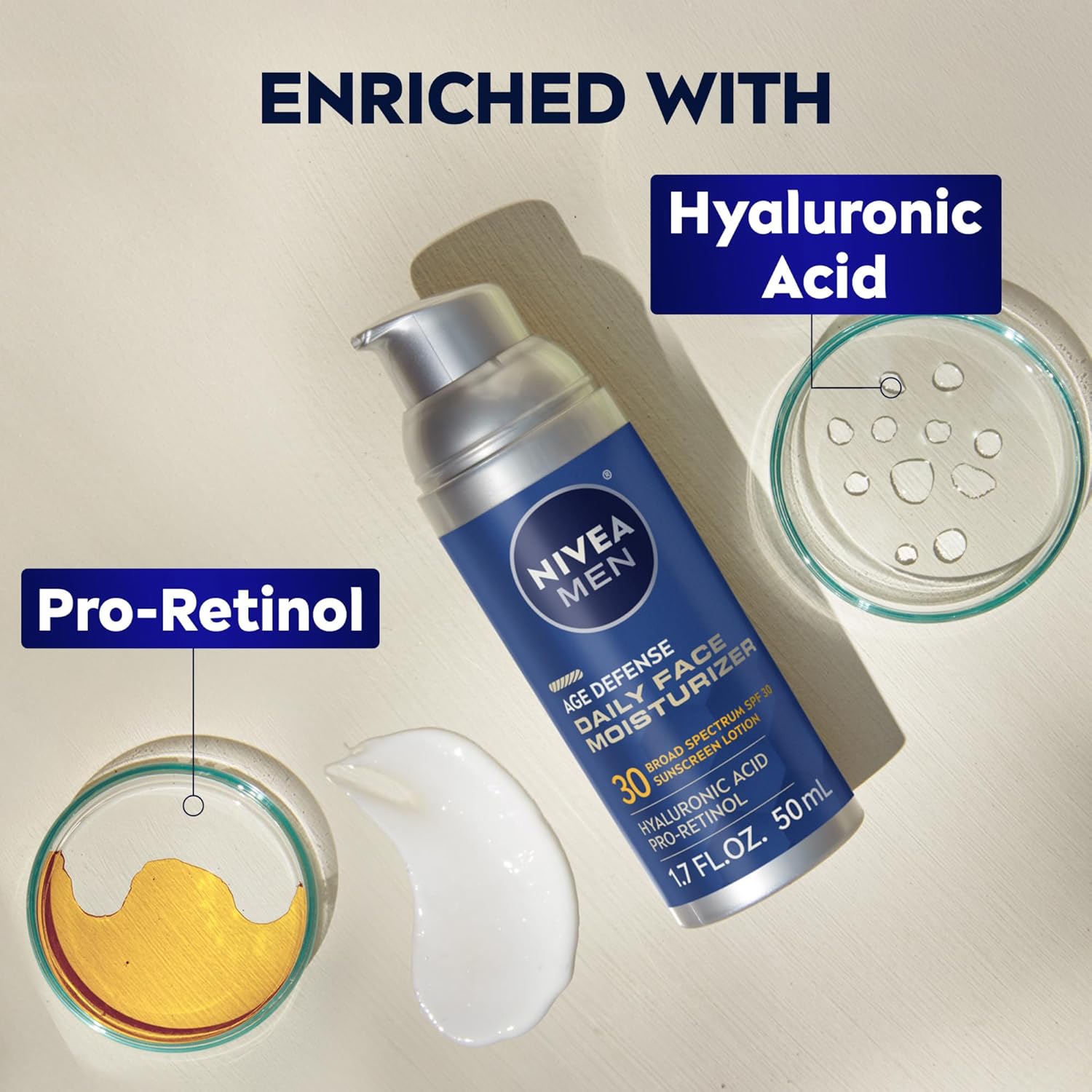 NIVEA Men Age Defense Daily Face Moisturizer with Broad Spectrum SPF 30 Sunscreen, Pro-Retinol and Hyaluronic Acid, Beard-Friendly Face Lotion Helps Defend Against UVA/UVB Rays, 1.7 Fl Oz Bottle - Image 4