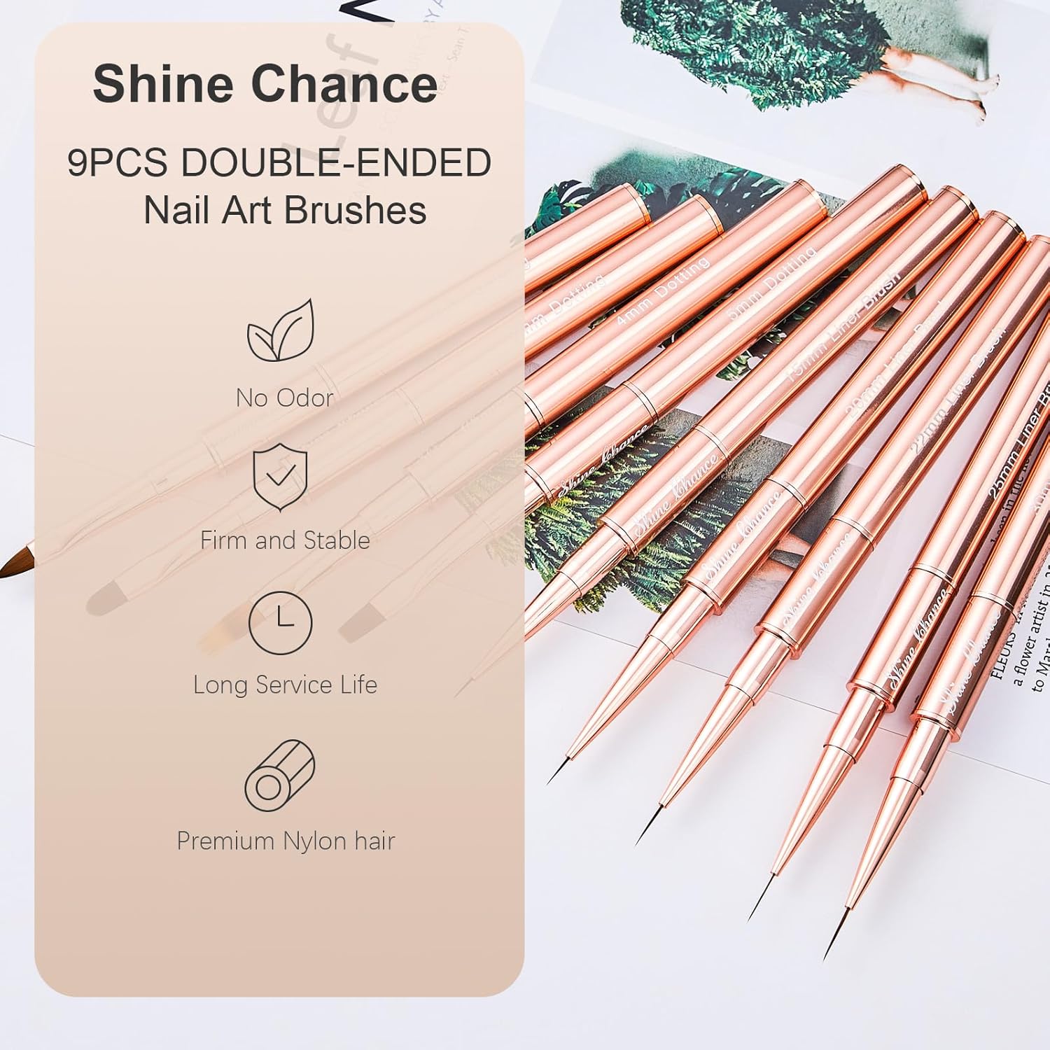 9-Piece Rose Gold Double-Ended Nail Art Brush Set for Gel Polish and 3D Design - Image 7