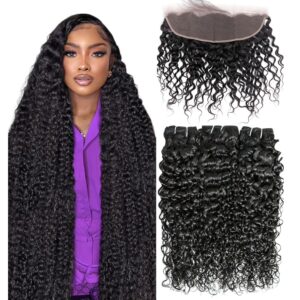 Water Wave Human Hair Bundles with Frontal Closure, 3 Bundles (18”, 20”, 22”) + 16” HD Lace Frontal (13x4 Free Part), 12A 100% Unprocessed & Brazilian Virgin Curly weave Hair, Natural Black Color