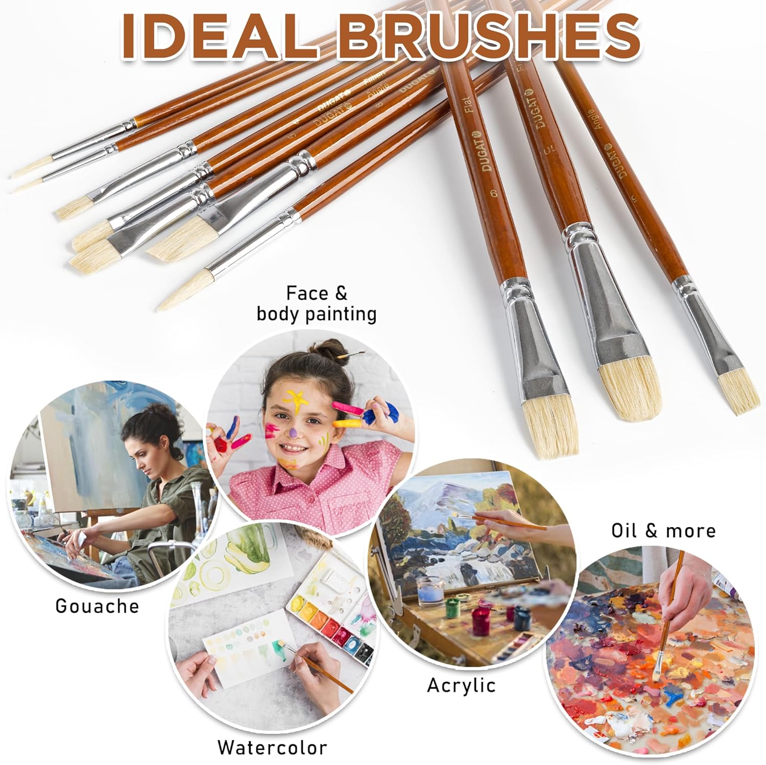 10pcs White Hog Hair Artist Paint Brush Set by DUGATO Perfect for Acrylic Oil Gouache Watercolor, Painting Brushes Kit for Kids, Adults Fabulous for Canvas & Fabric - Image 6